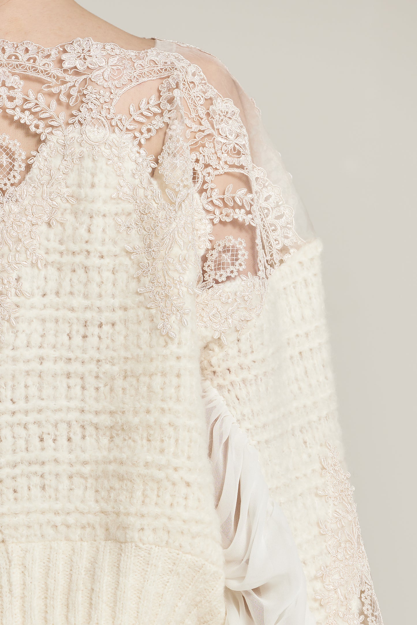 Knitwear Sweater With Silk Sleeve And Lace