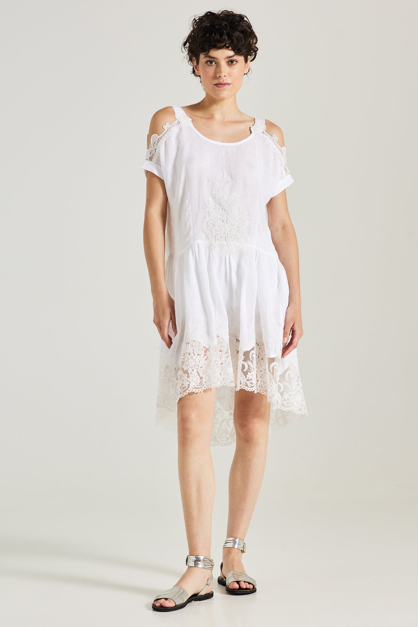 Linen Dress With Open Shoulder And Lace