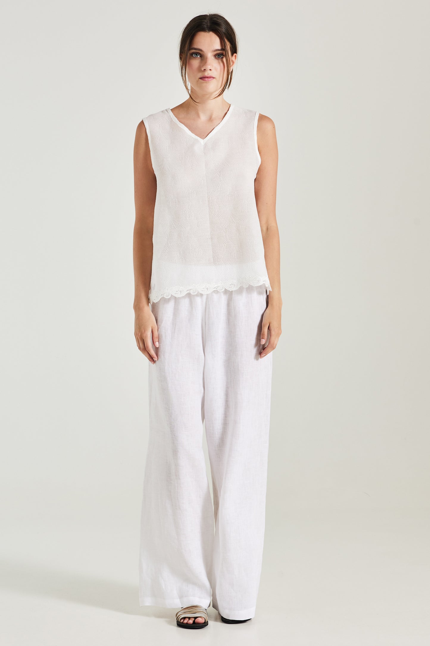 V-Neck Cotton Blouse With Back Flower Pattern