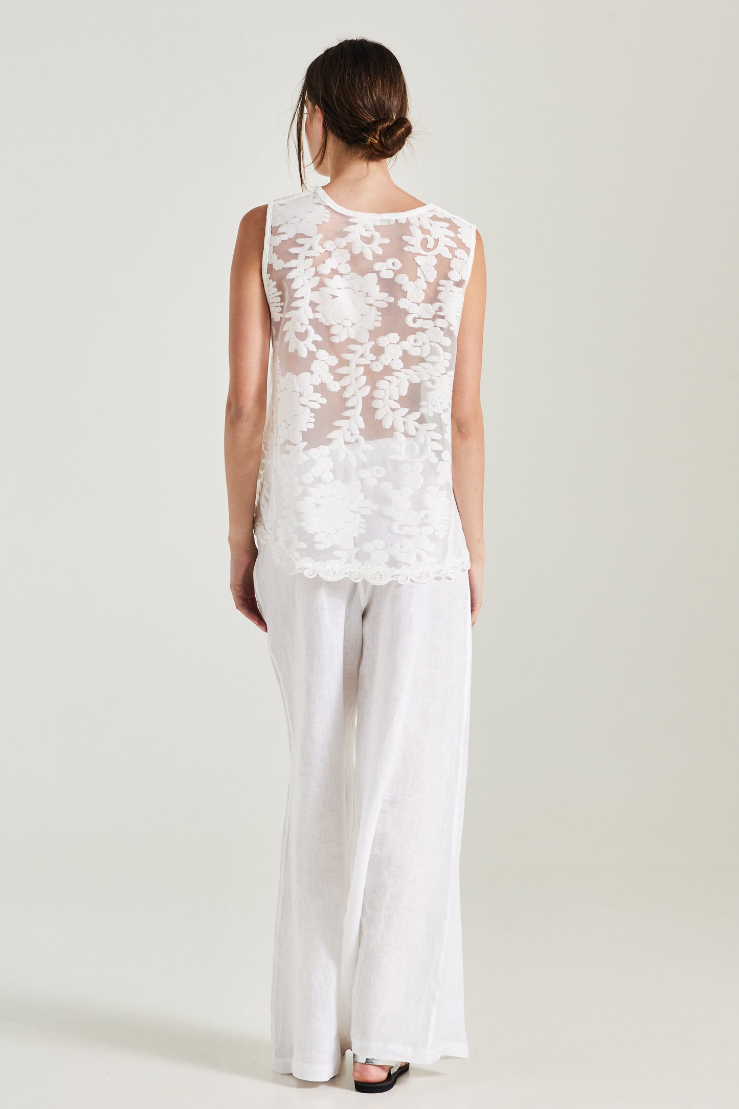 V-Neck Cotton Blouse With Back Flower Pattern