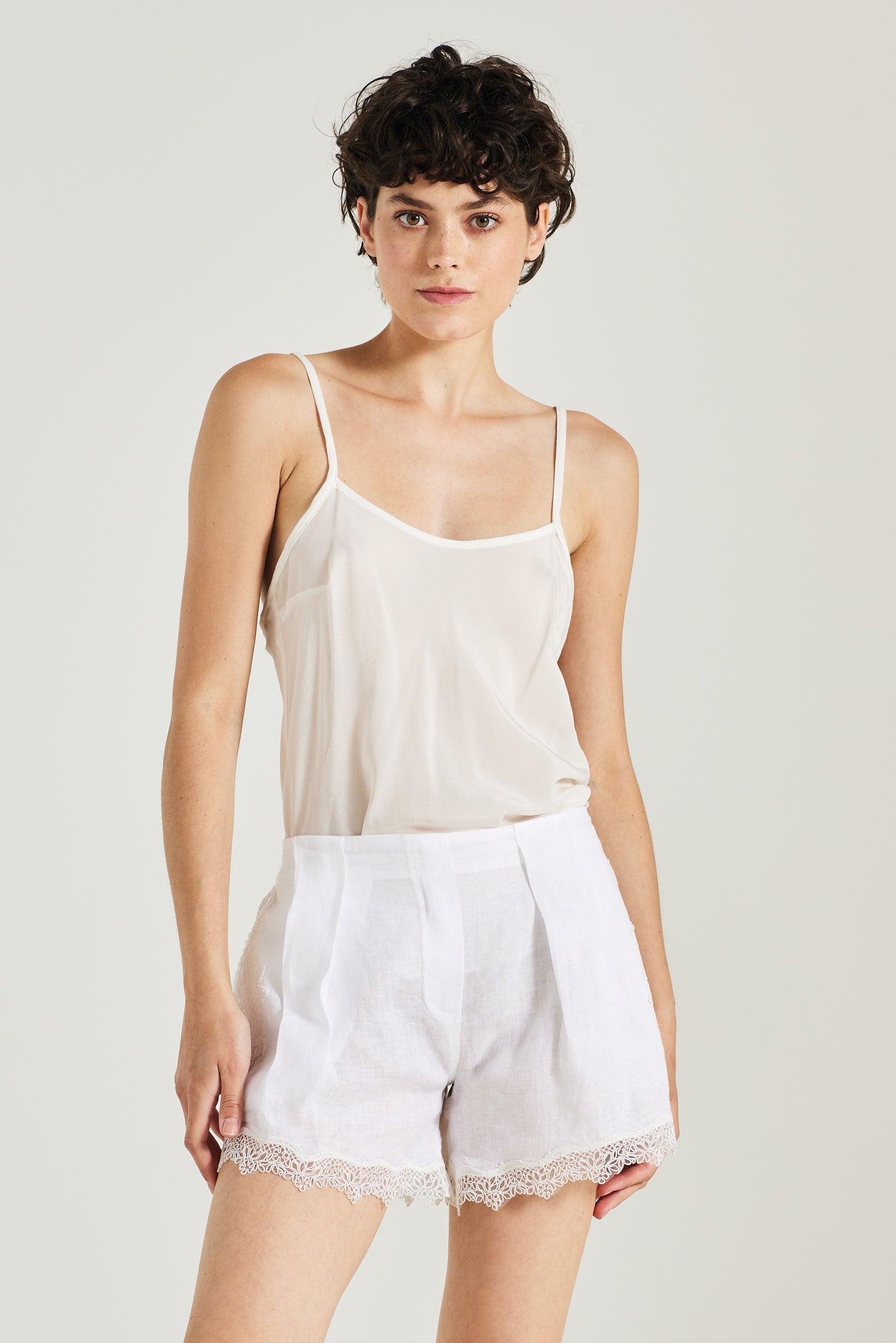 Linen Shorts With Lace Side And Bottom Details