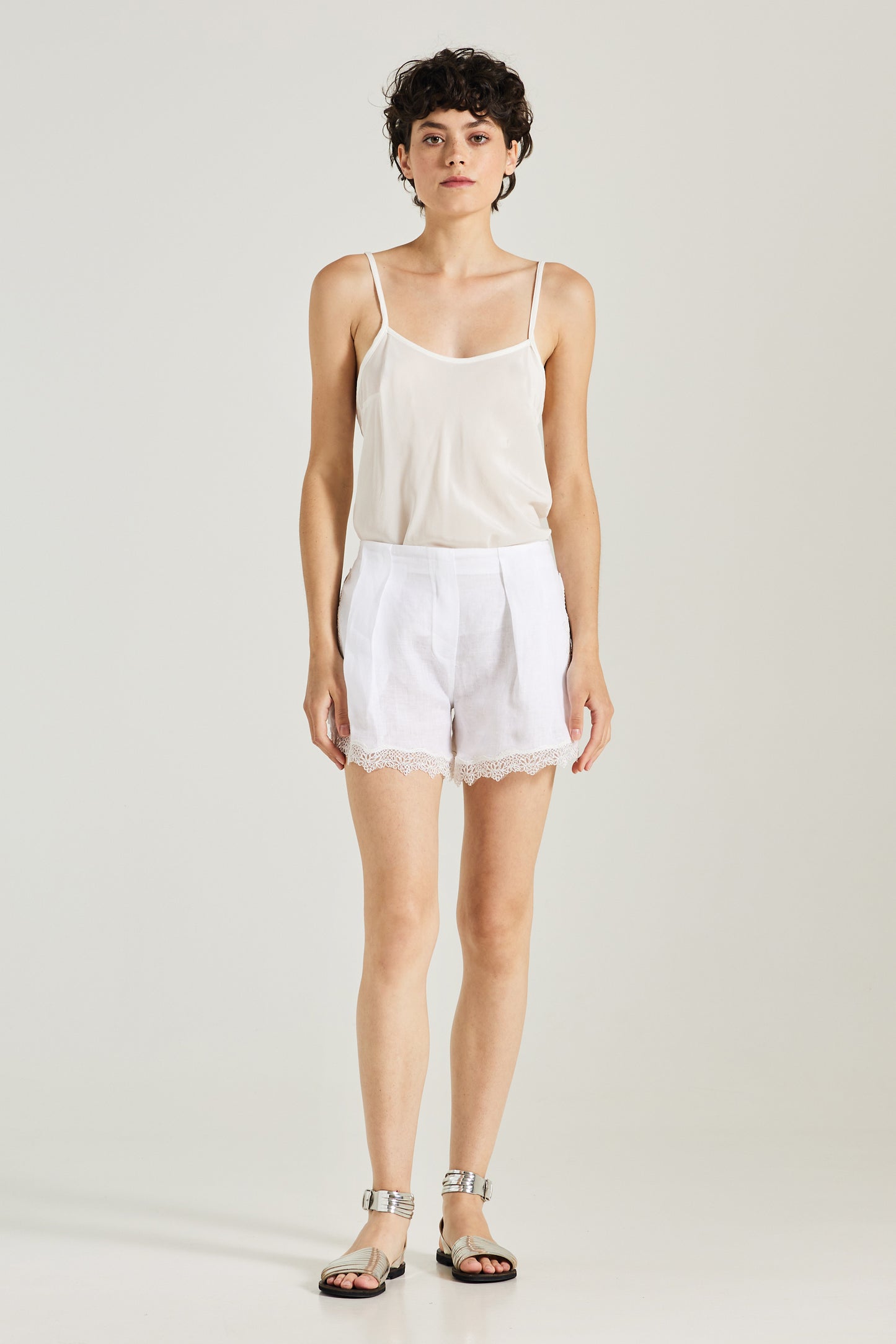 Linen Shorts With Lace Side And Bottom Details