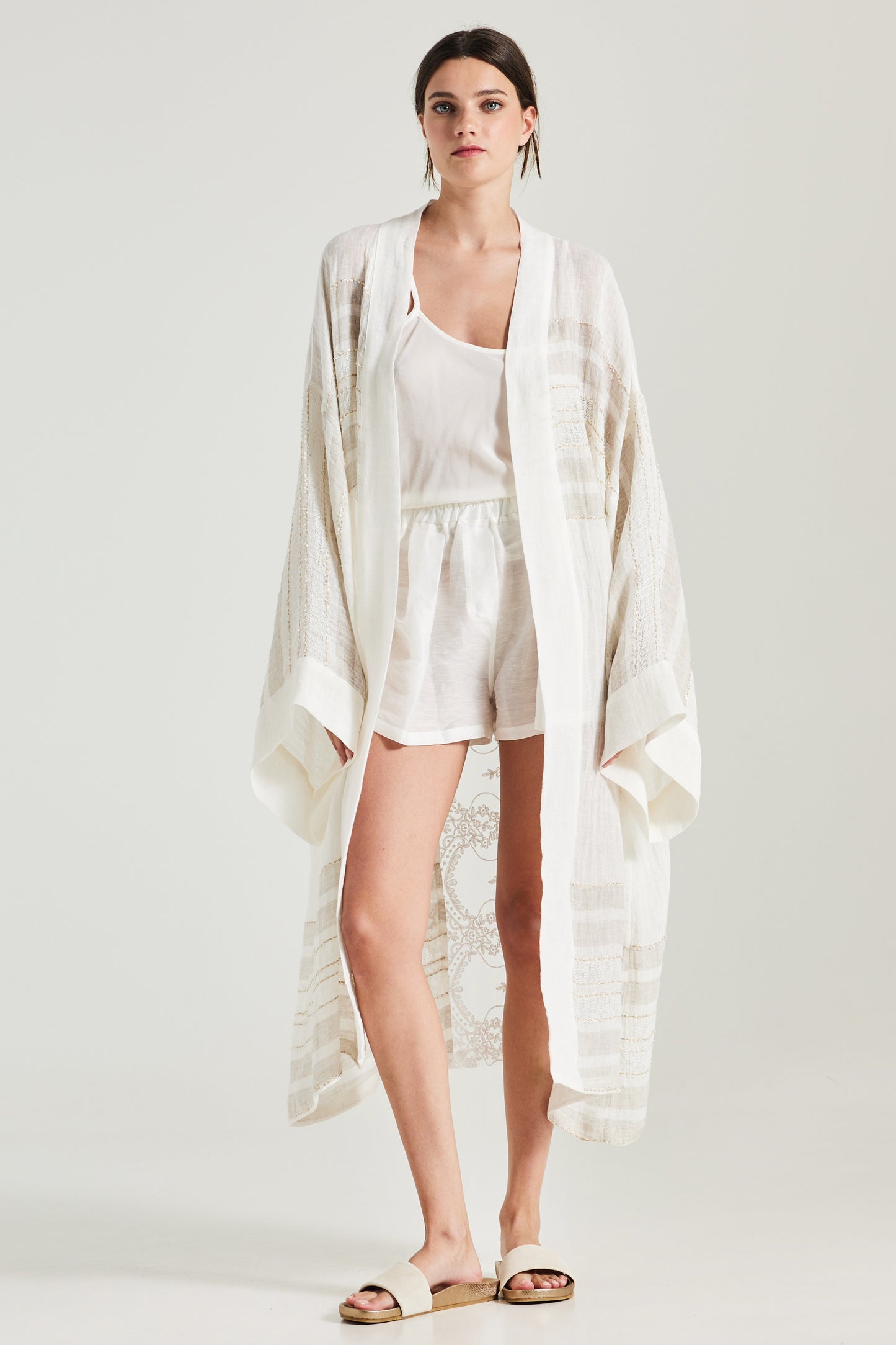 Linen Kimono With Back Transparent Lace Details