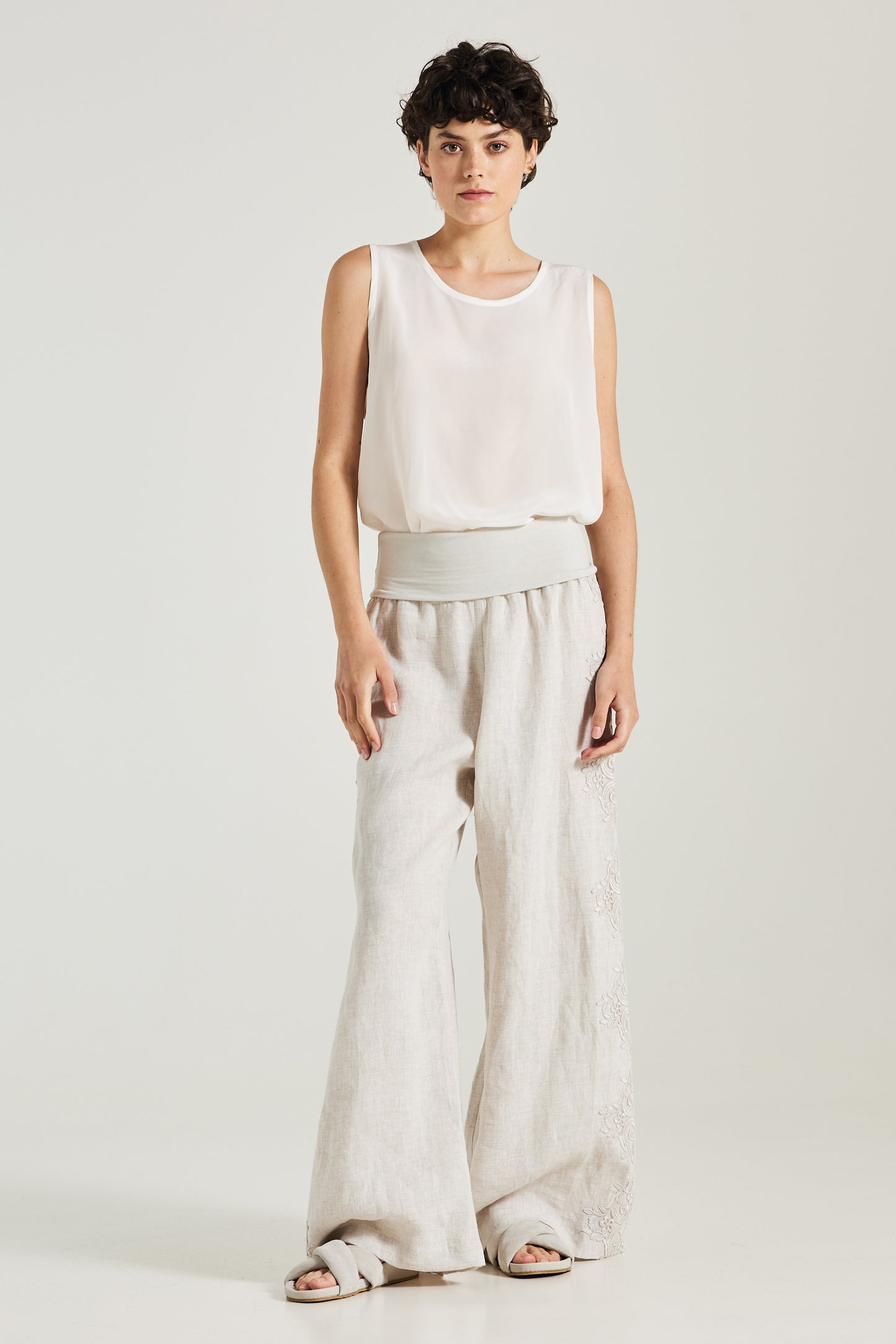 Linen Trousers With Side Lace Details And Elastic Waistband