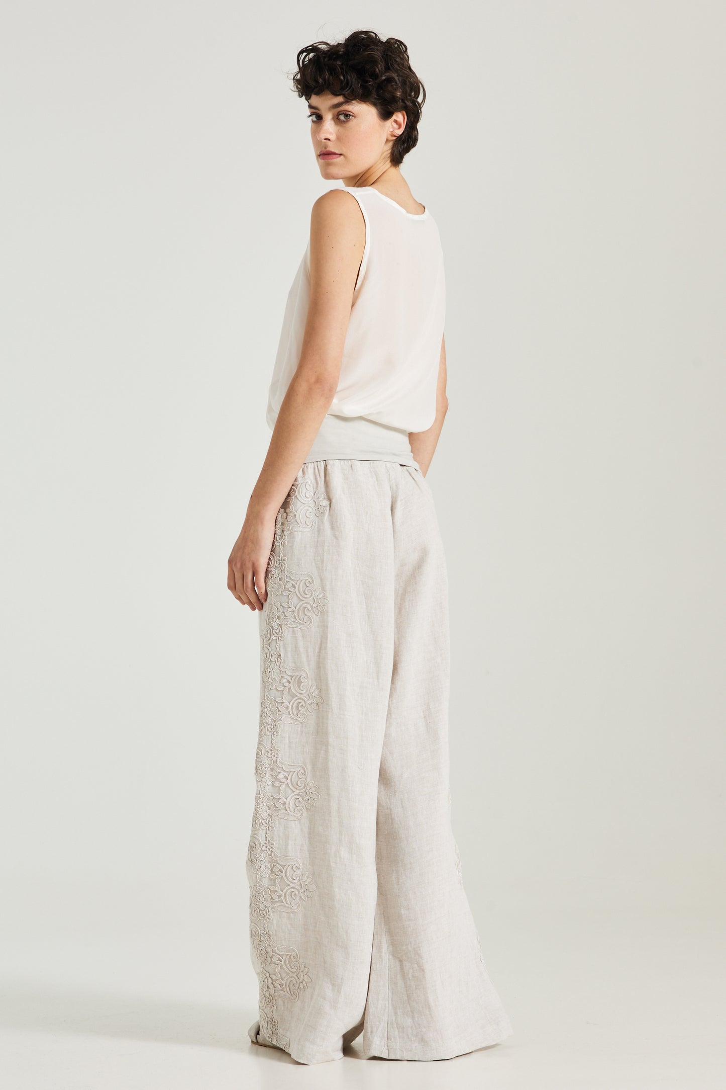 Linen Trousers With Side Lace Details And Elastic Waistband
