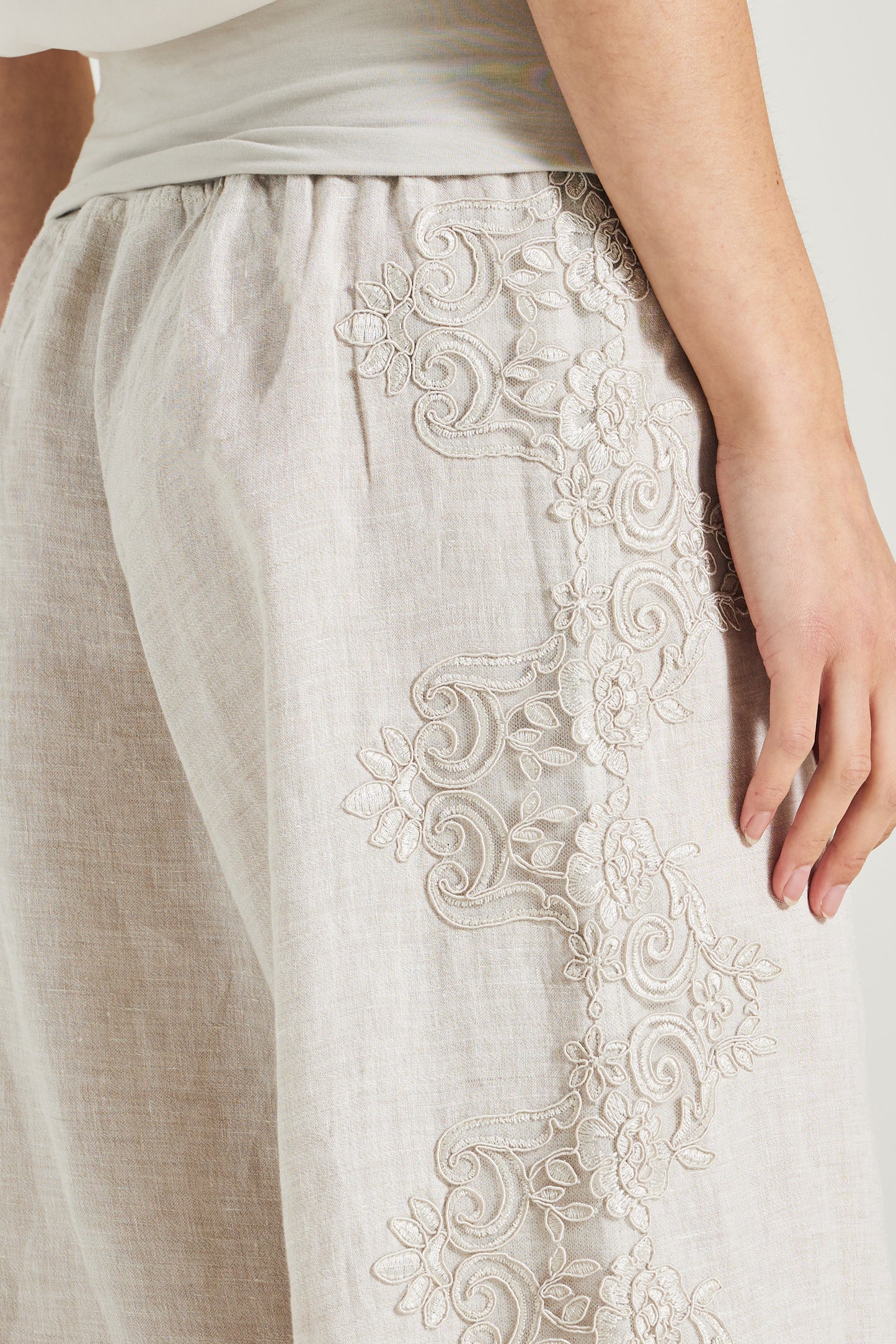 Linen Trousers With Side Lace Details And Elastic Waistband