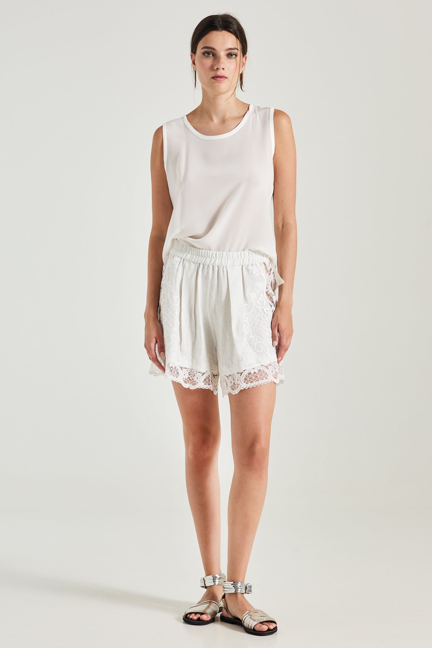 Linen Shorts With Lace Side And Bottom Details