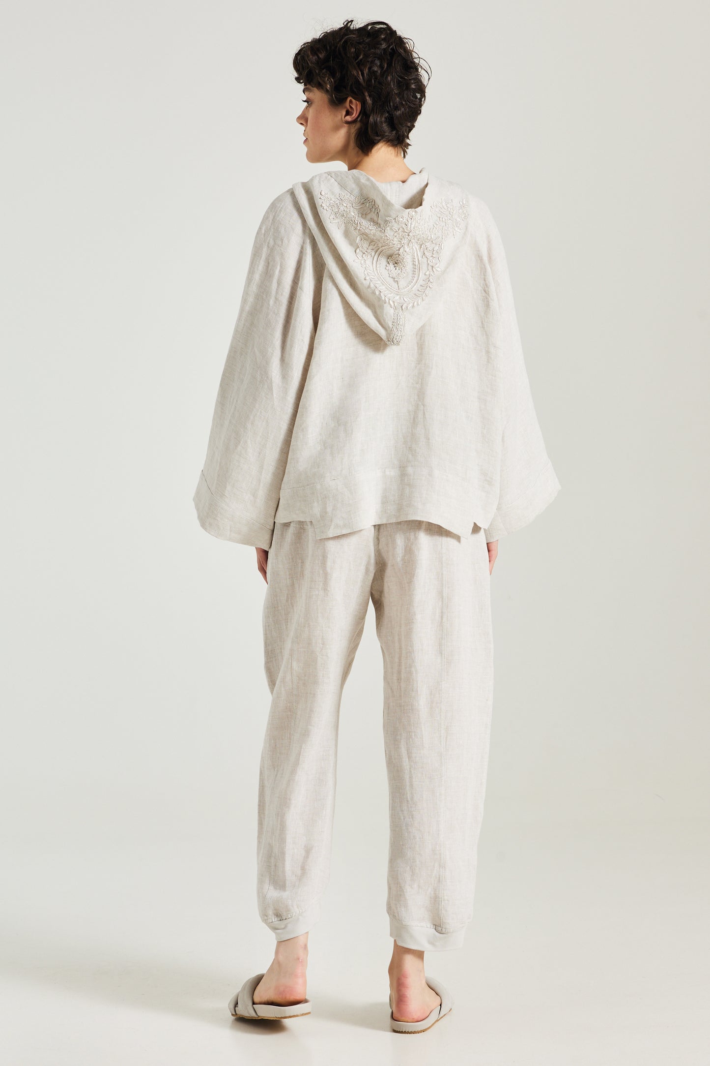 Linen Jacket With Lace Details And Hood
