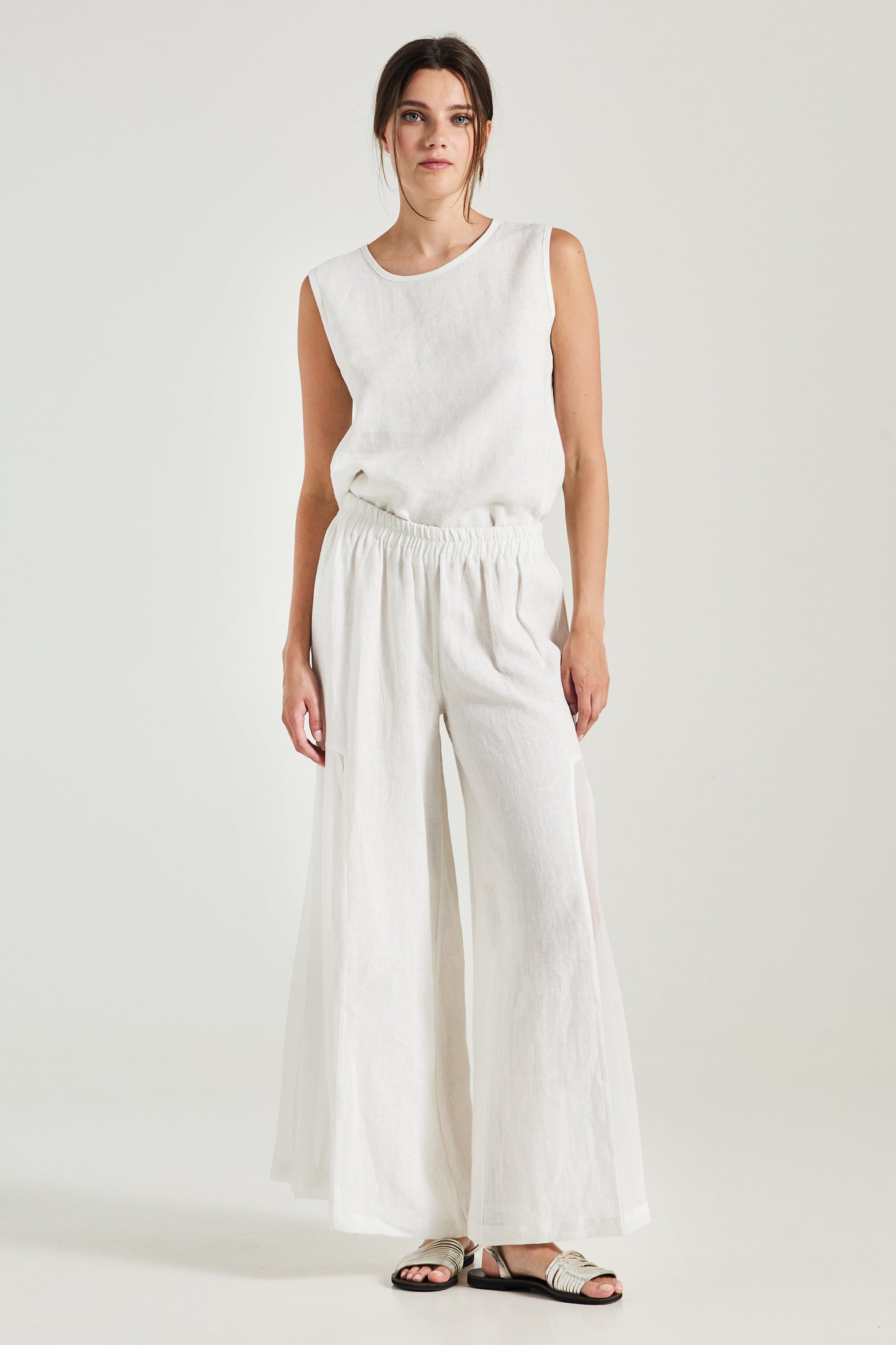 Linen Pants With Pleated Silk Sides And Elastic Waistband