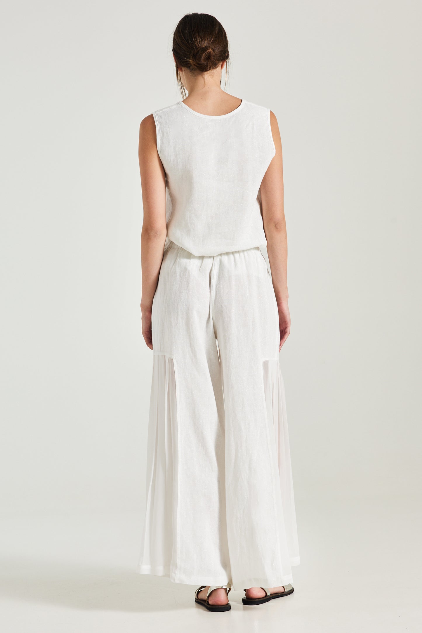 Linen Pants With Pleated Silk Sides And Elastic Waistband