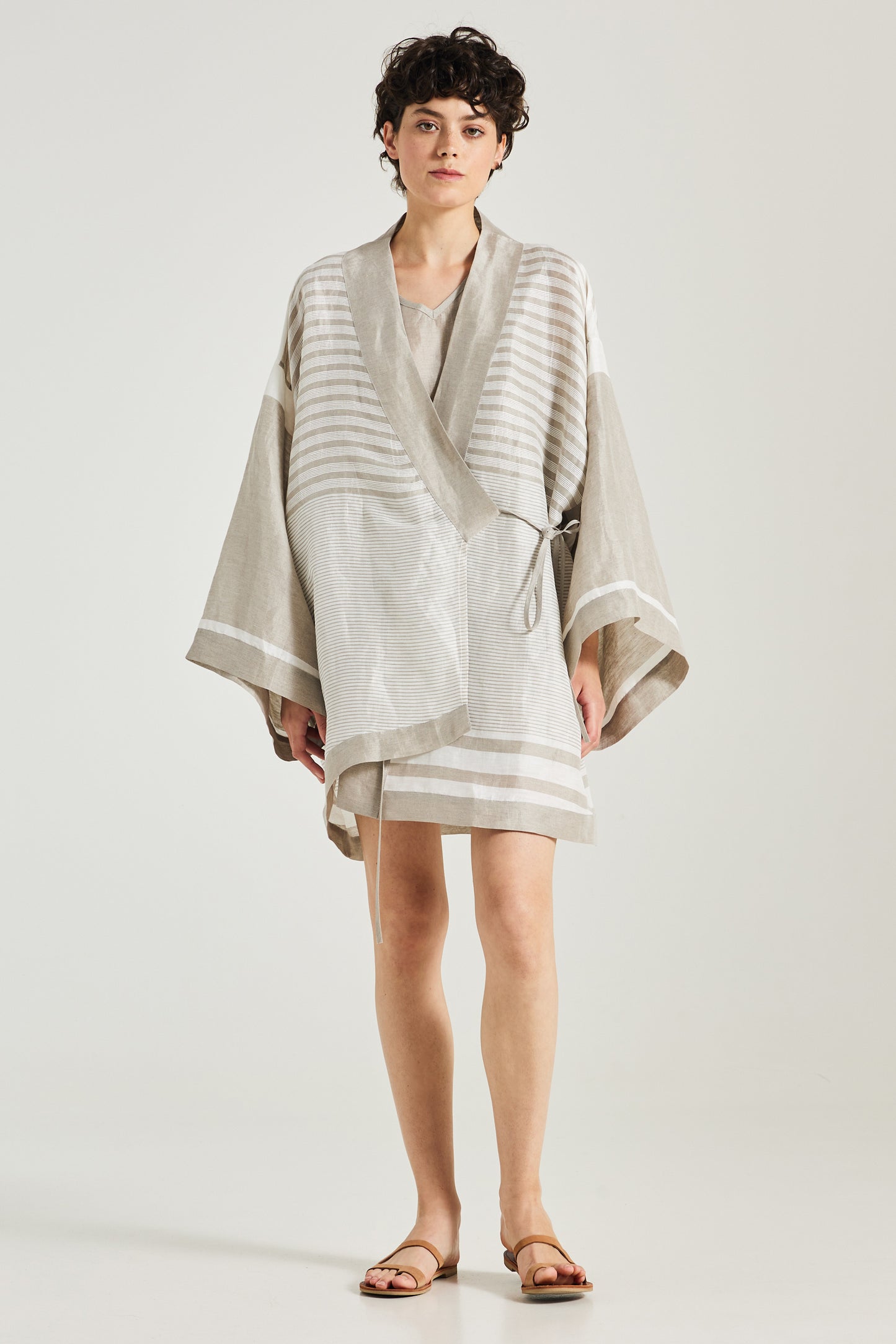 Linen Kimono With Adjustable Waist-Length Ribbon
