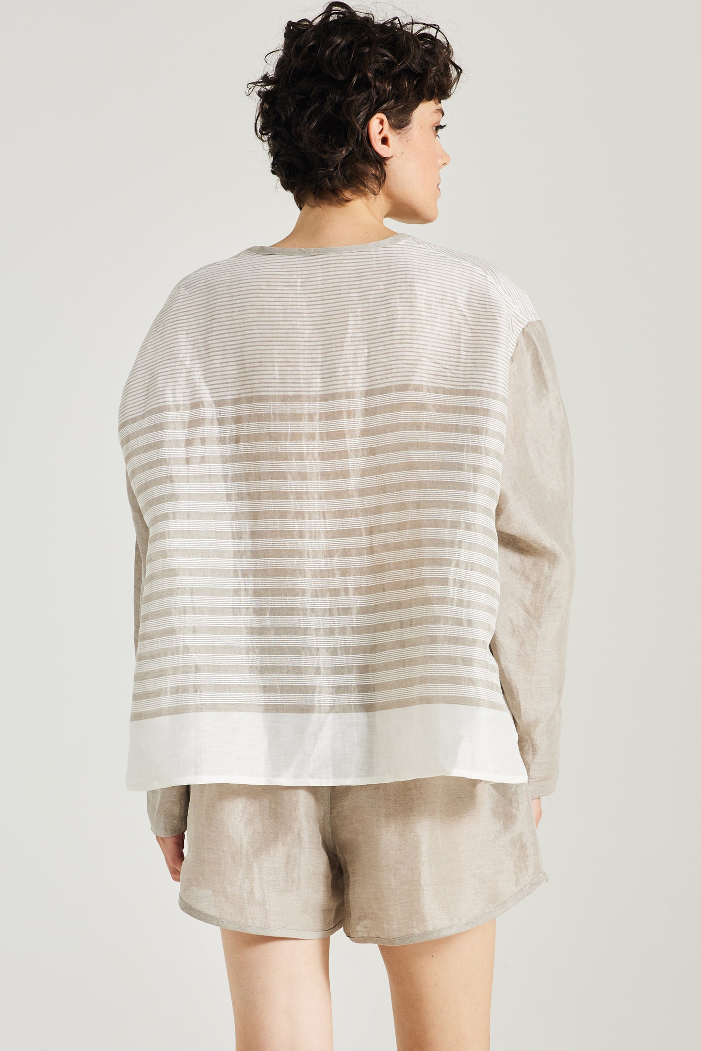 V-Neck Linen And Silk Blouse With Horizontal Stripes