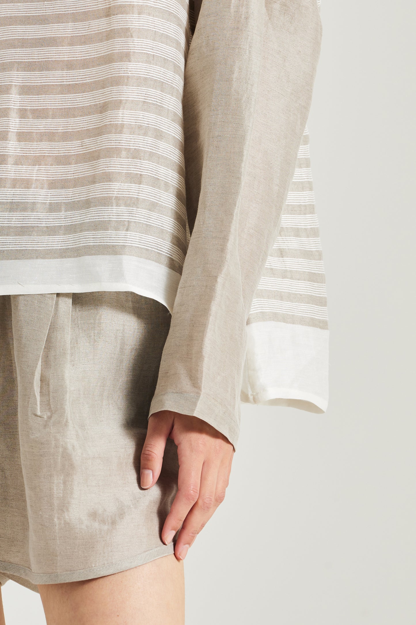 V-Neck Linen And Silk Blouse With Horizontal Stripes