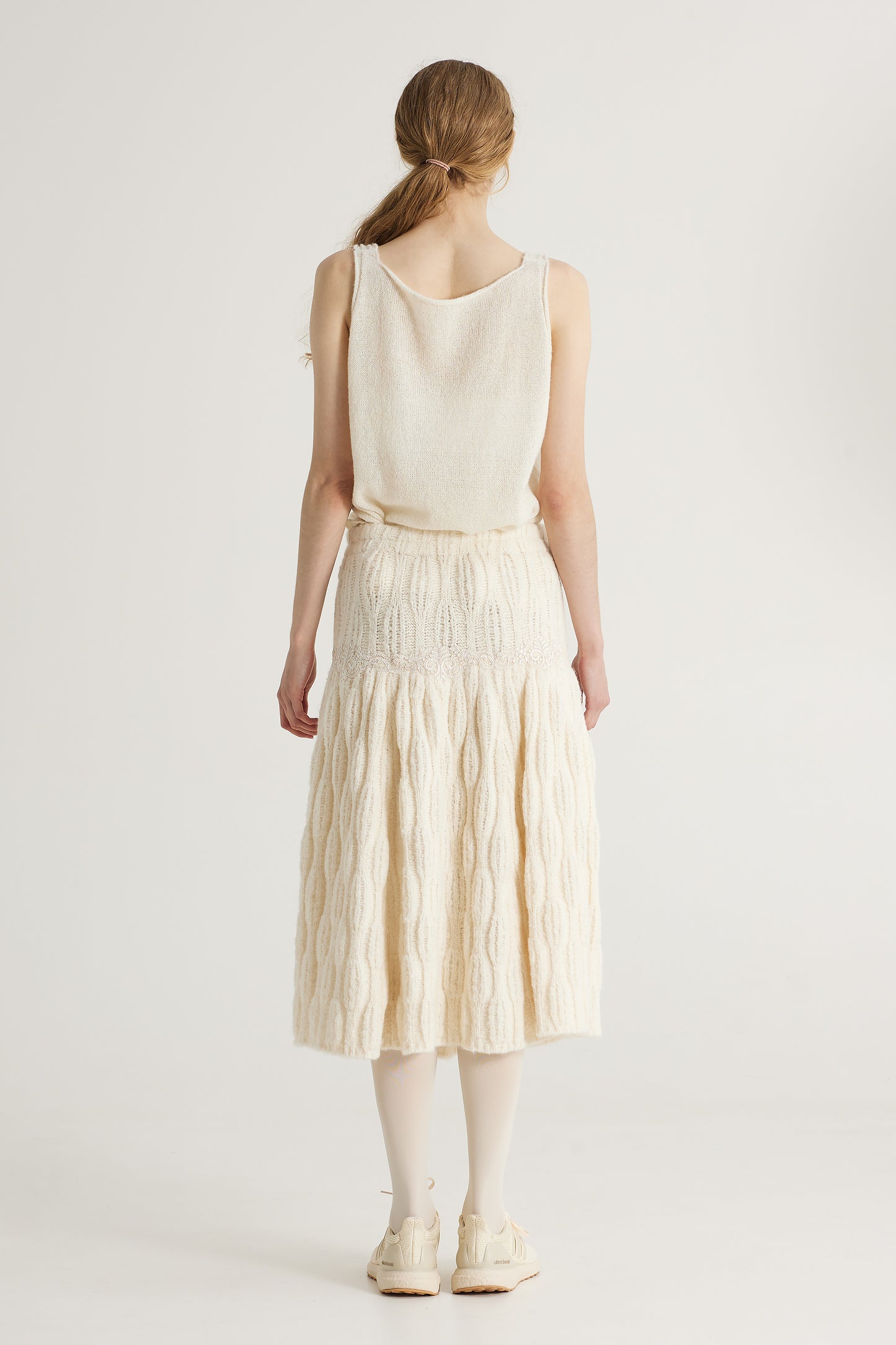 Wool Long Skirt With Elastic Waistband And Lace Details