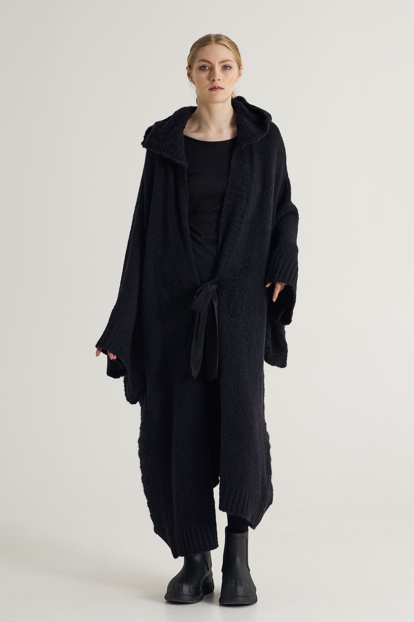 Oversized Wool Coat With Hood And Front Ribbon