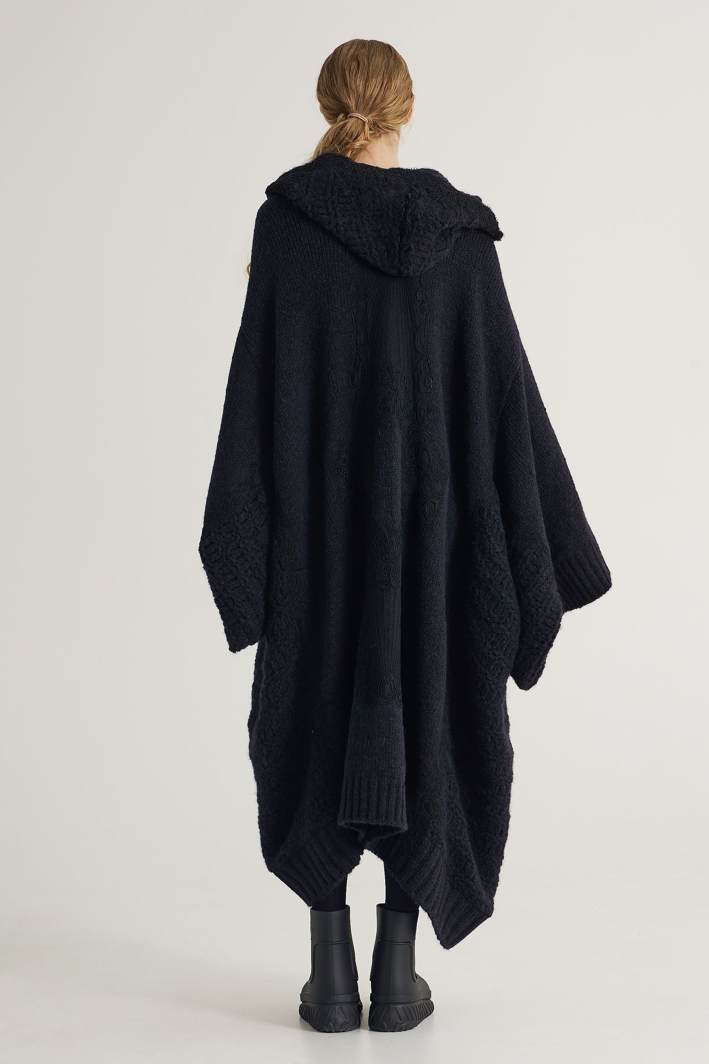 Oversized Wool Coat With Hood And Front Ribbon