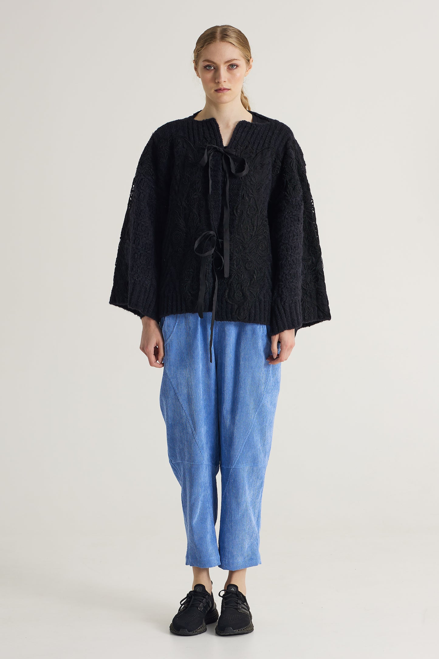 Wool Sweater With Lace Details And Front Ribbons