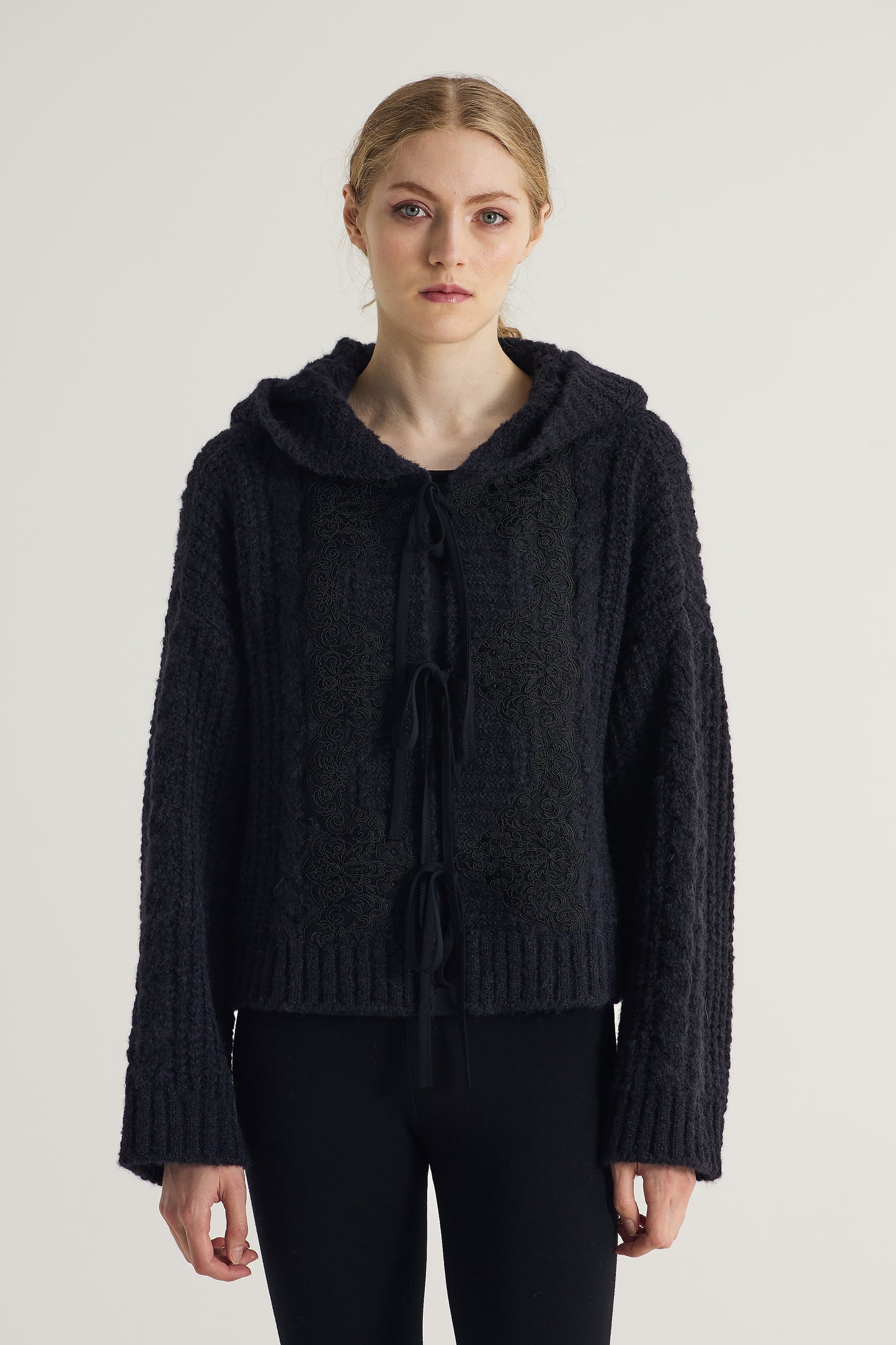Hooded Knitwear Jacket With Front Lace Details And Ribbons