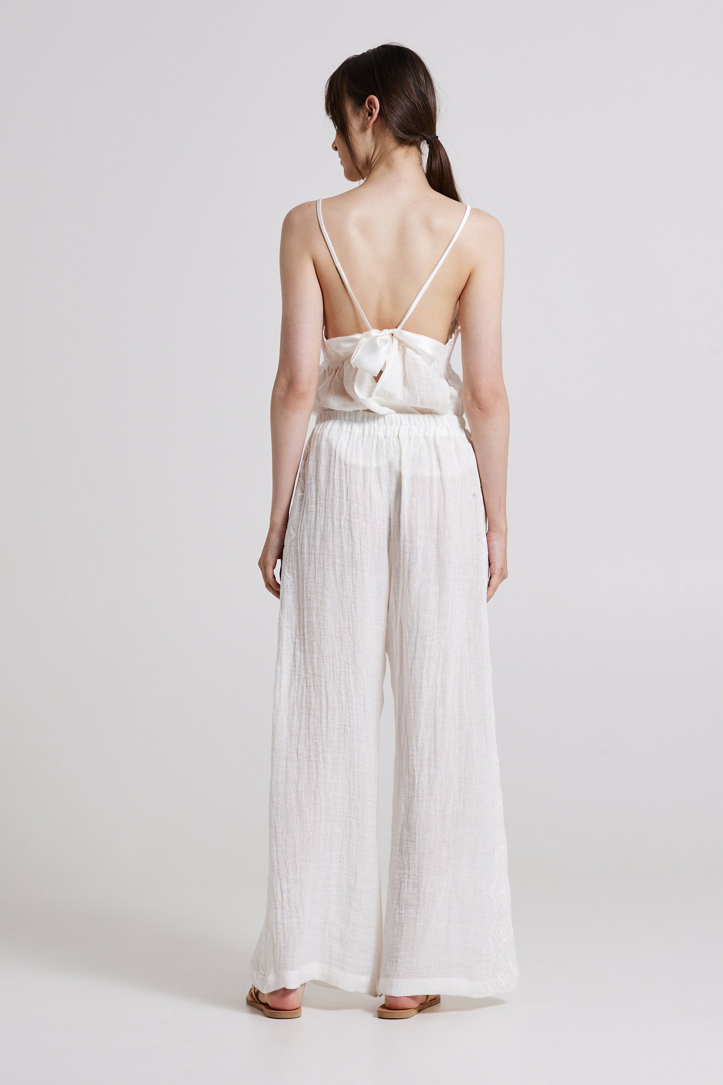 Linen Wide Trousers With Lace Side Details And Elastic Waistband