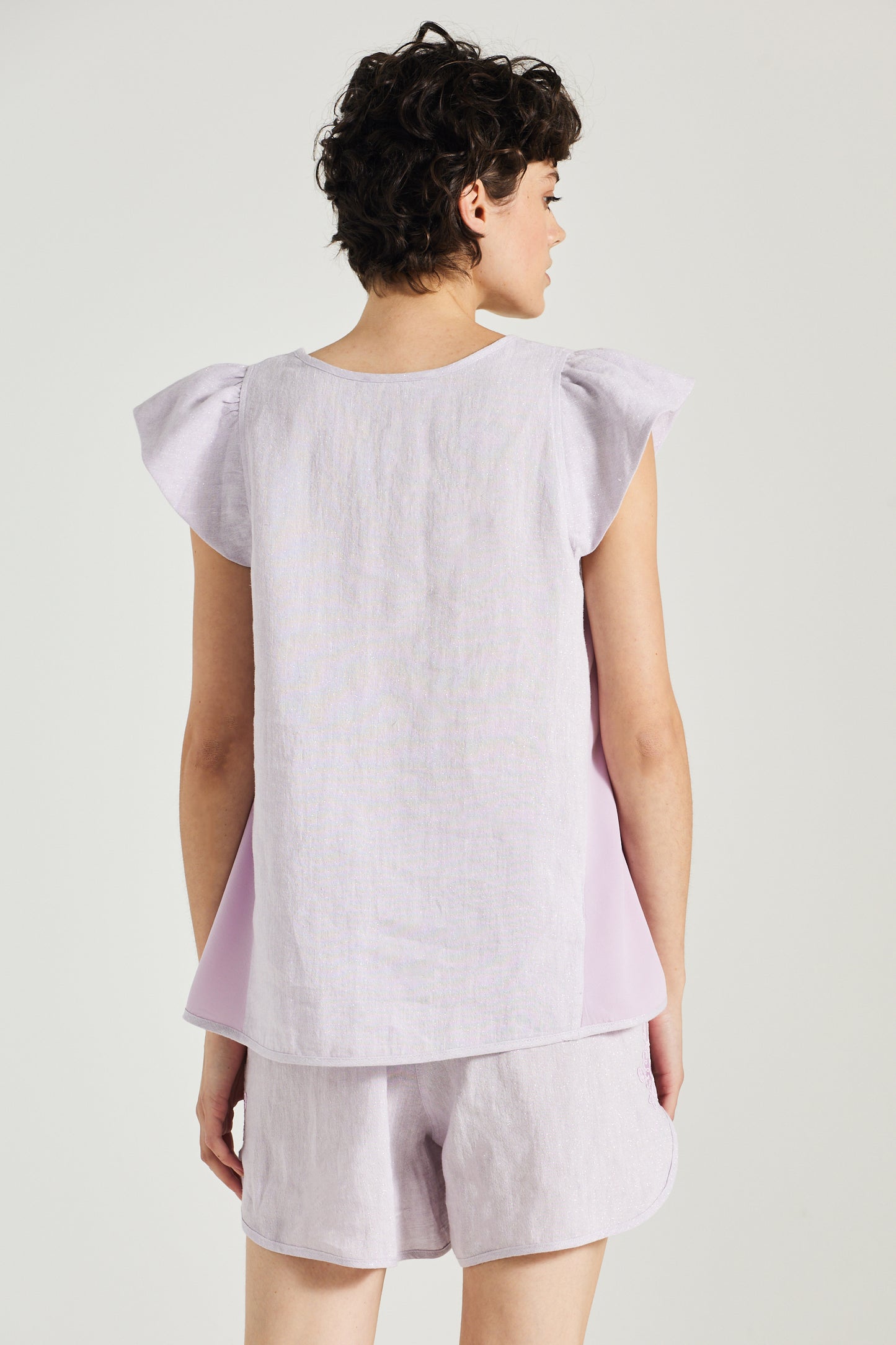 Linen Blouse With Cap Sleeves And V-Neck