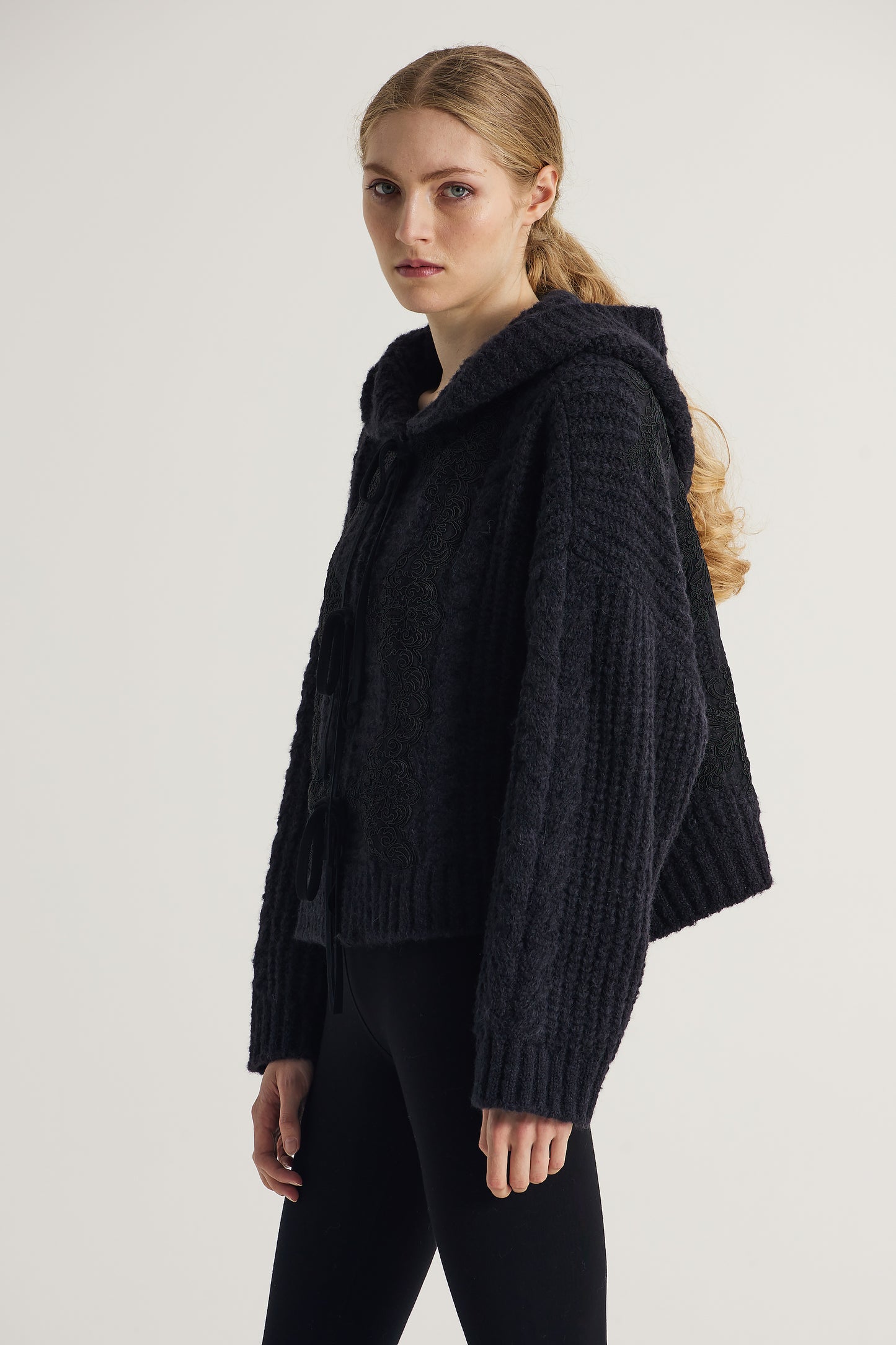 Hooded Knitwear Jacket With Front Lace Details And Ribbons