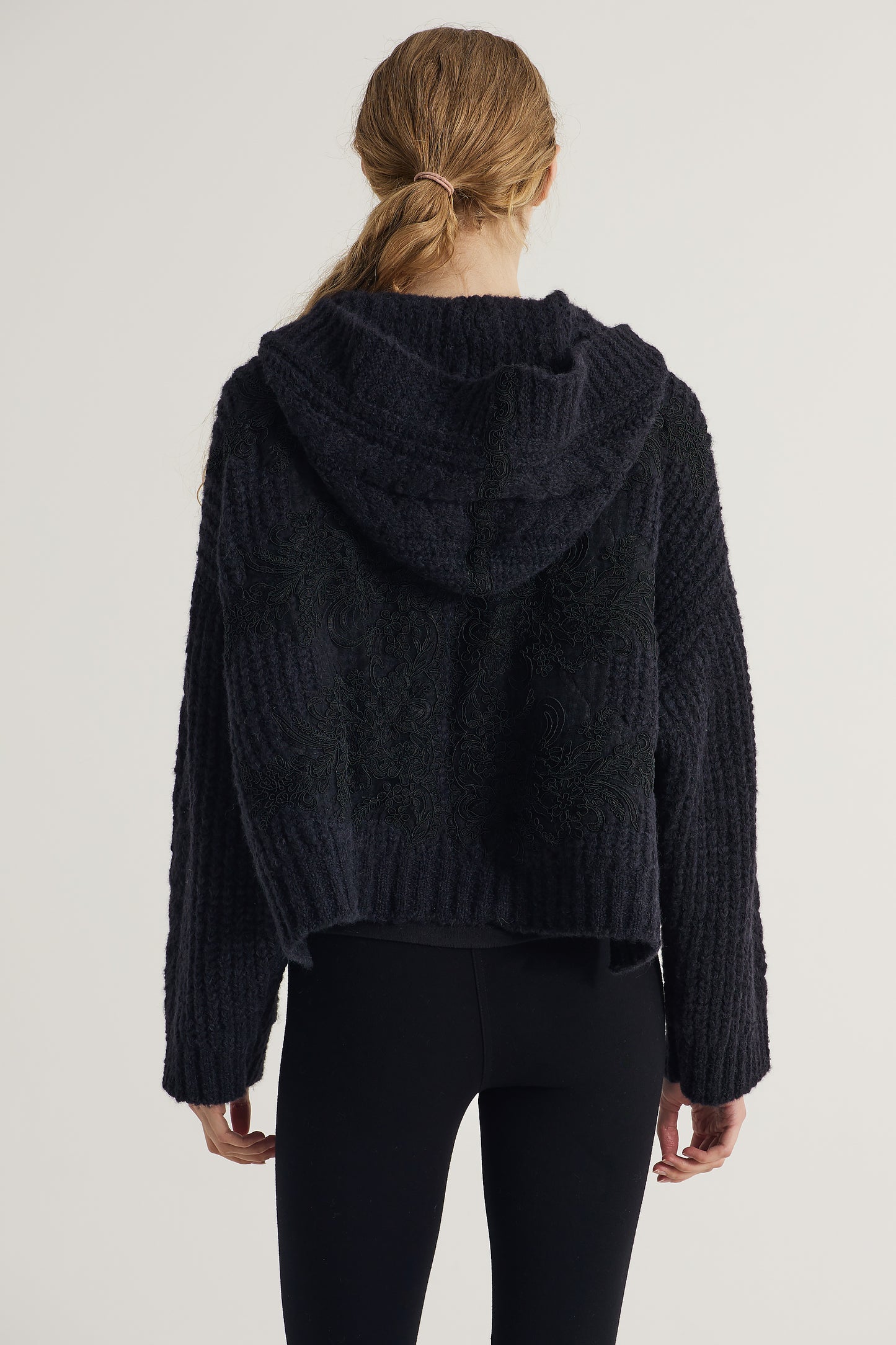 Hooded Knitwear Jacket With Front Lace Details And Ribbons