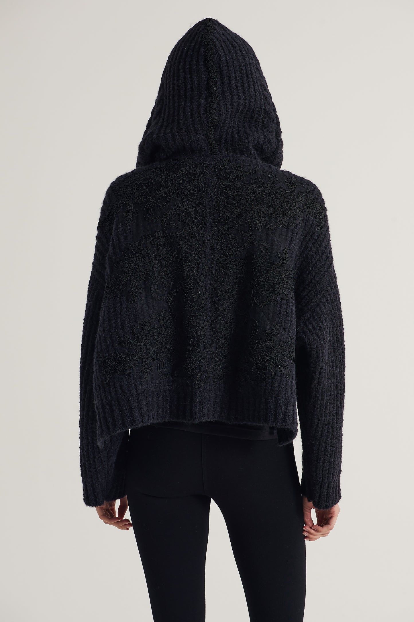 Hooded Knitwear Jacket With Front Lace Details And Ribbons
