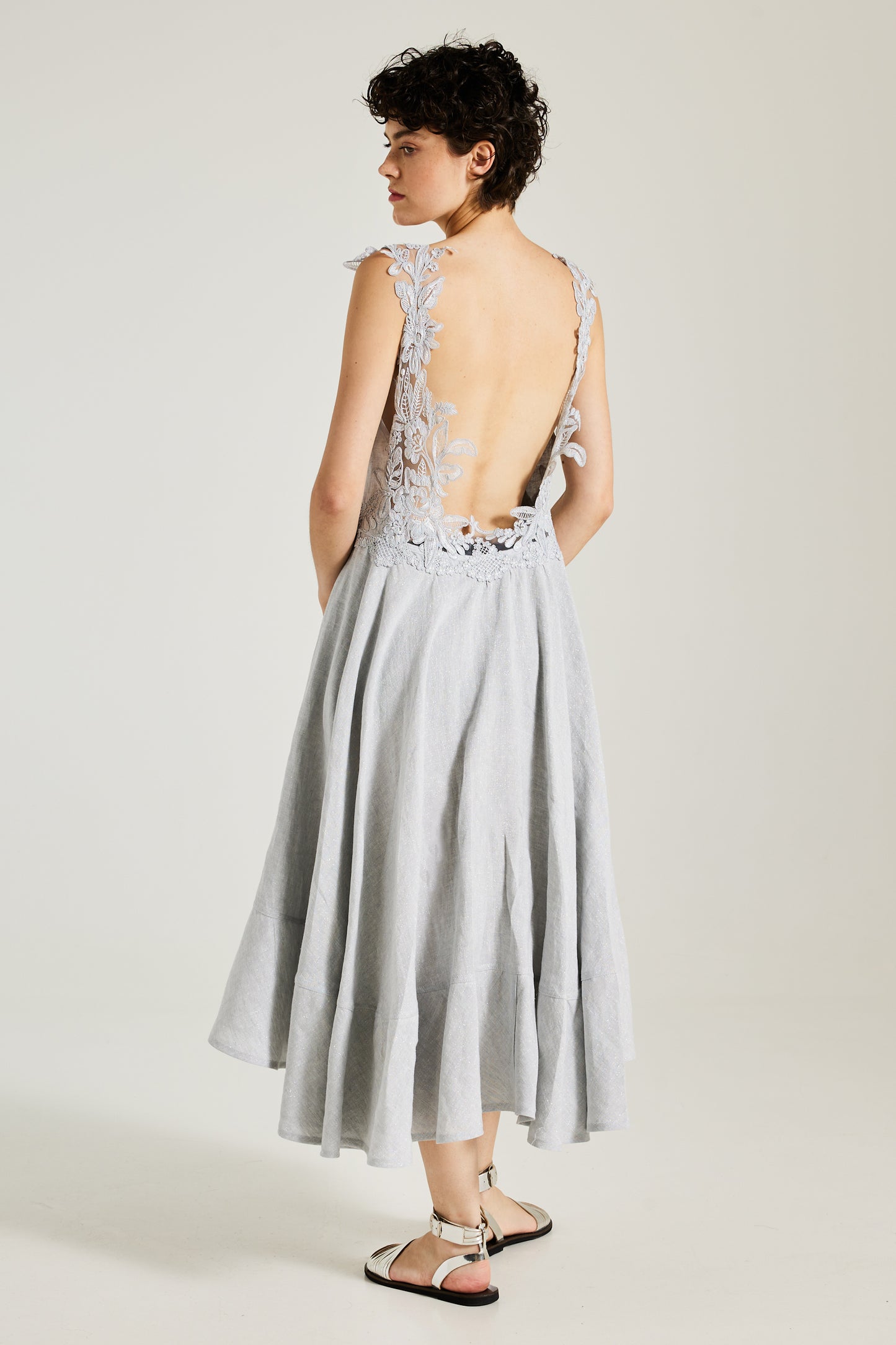 Linen Dress With Open Back And Lace Straps