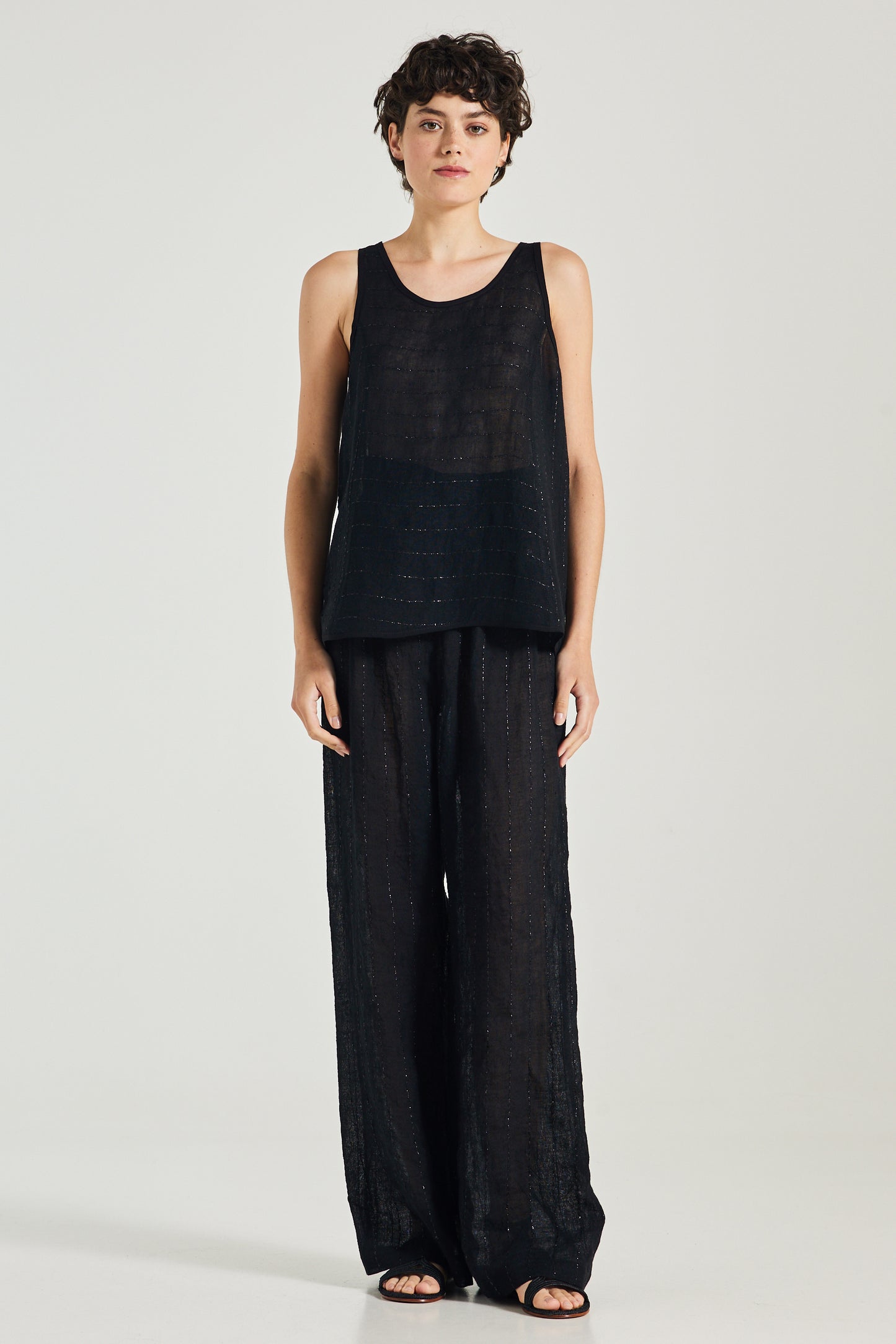 Linen Sleeveless Blouse With Horizontal Shinny Details