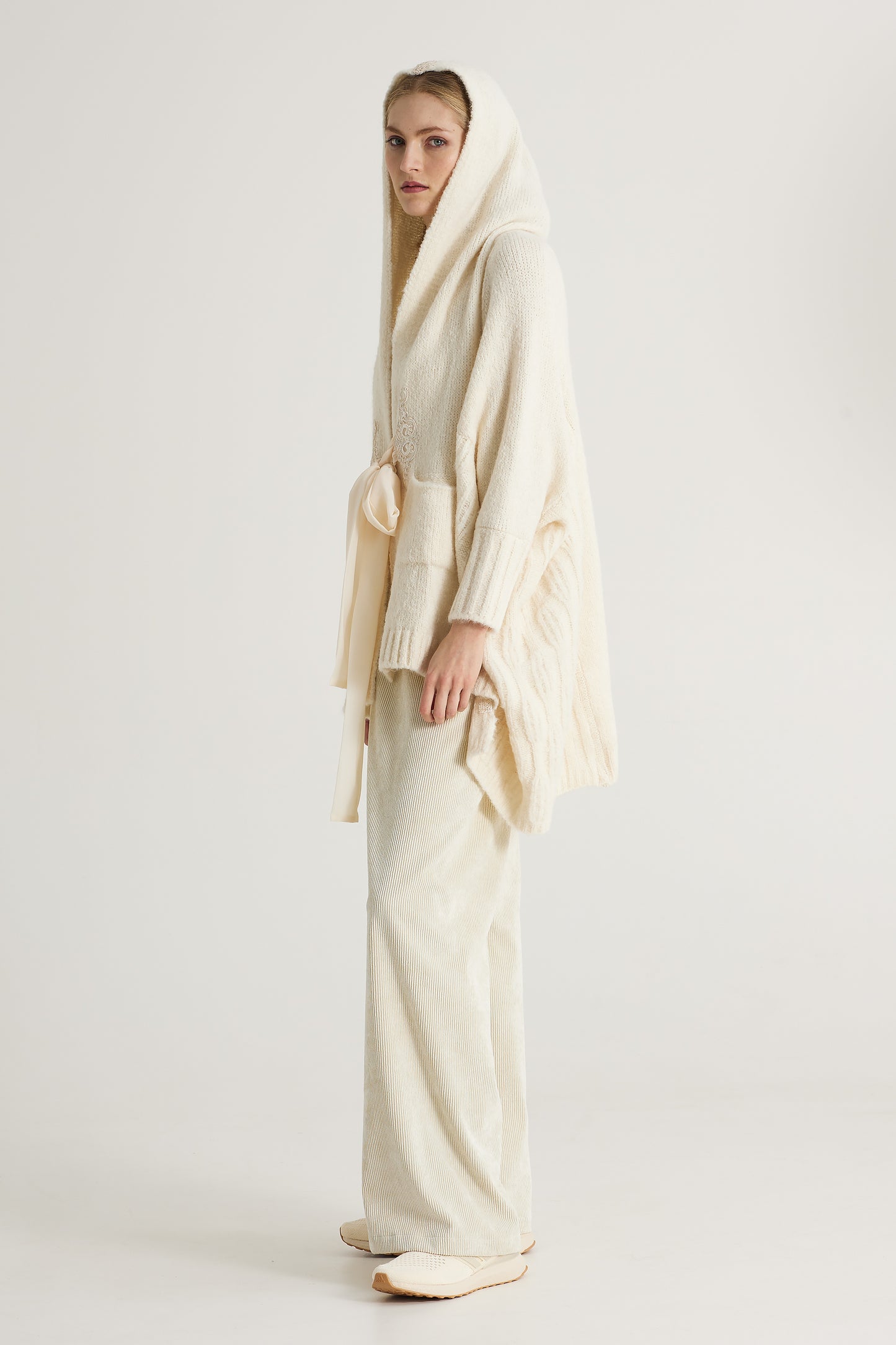 Wool Cardigan With Hood And Ribbon Closure