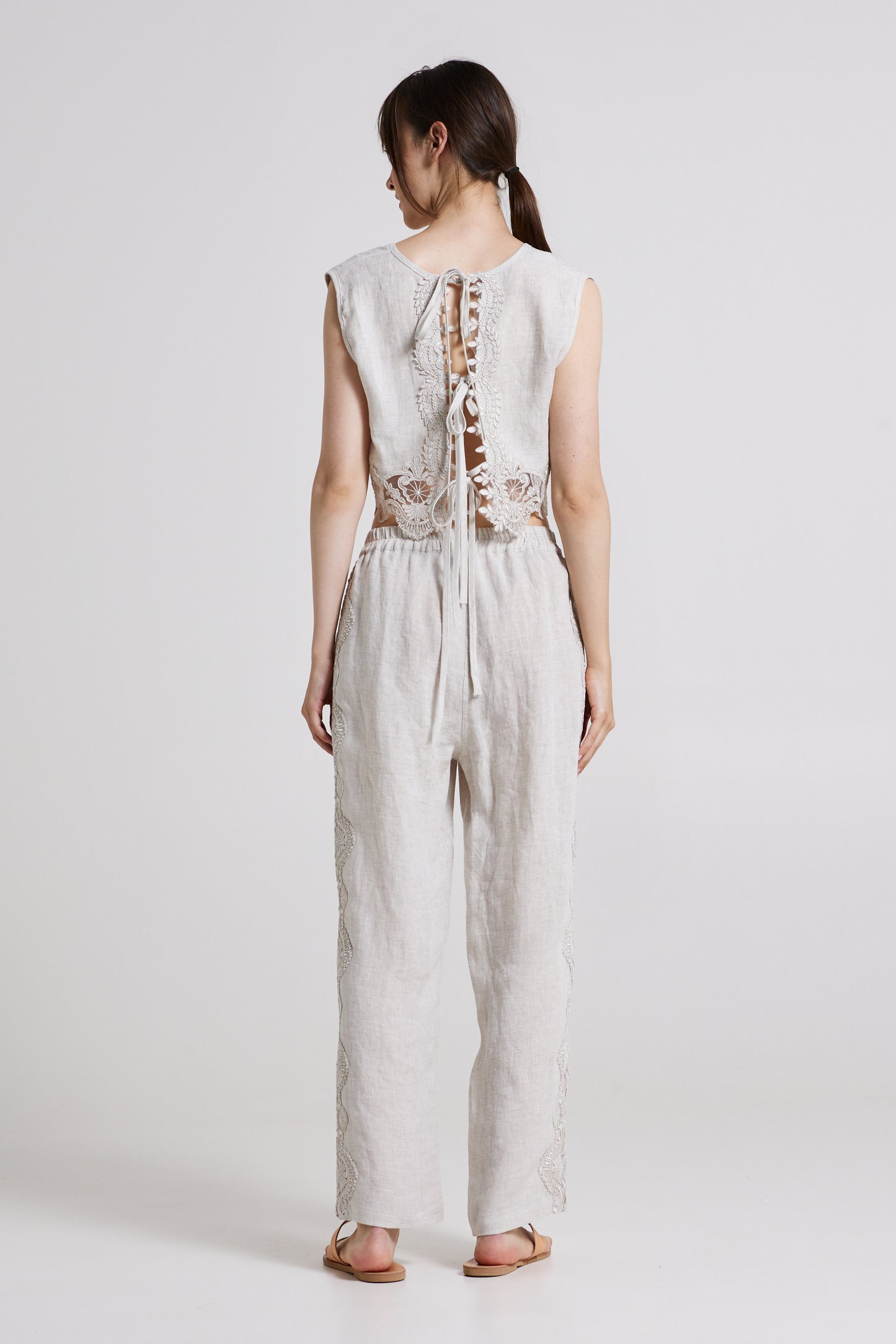 Linen Straight Trousers With Lace Side Details