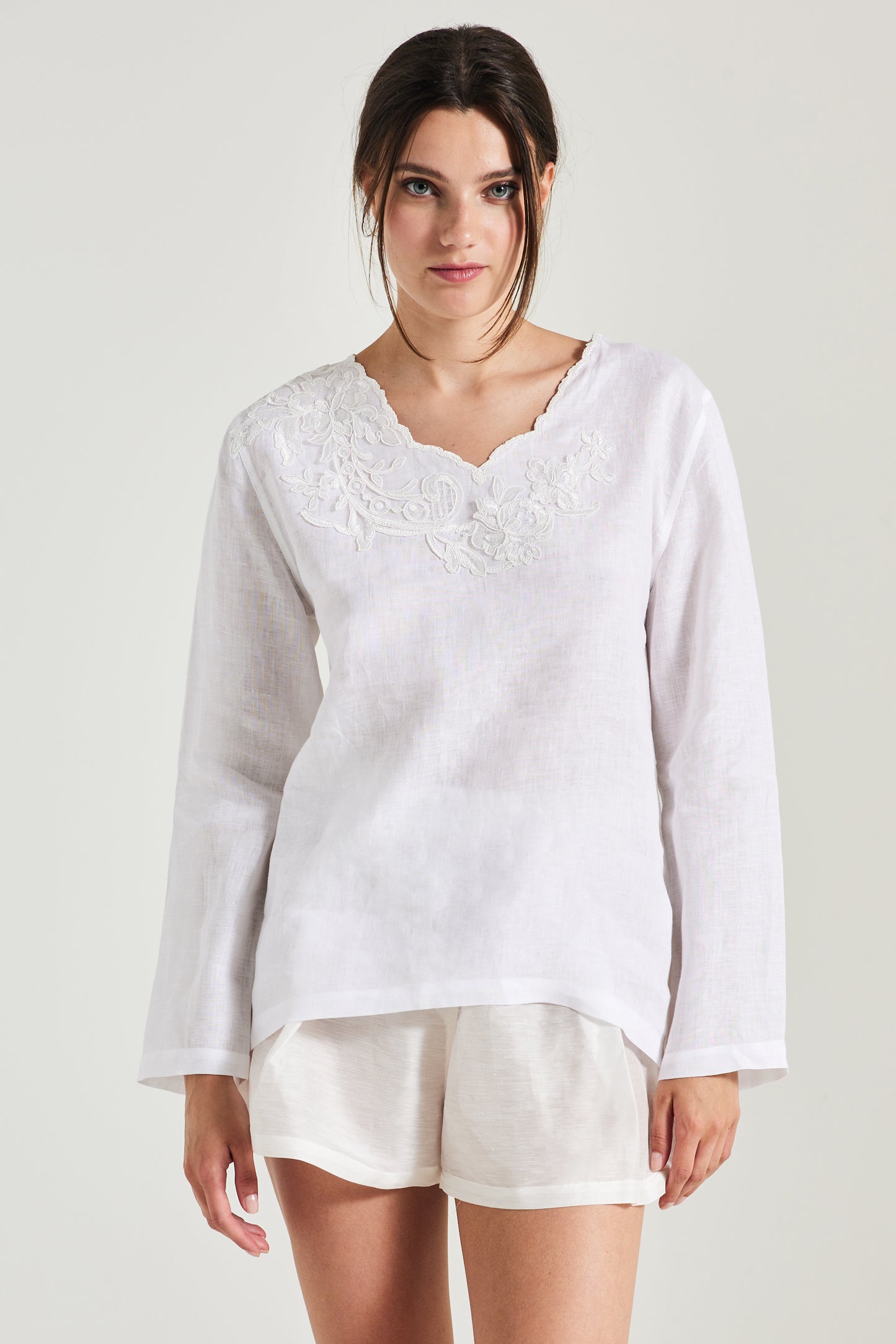 Long Sleeve Linen Blouse With Neck Lace Details