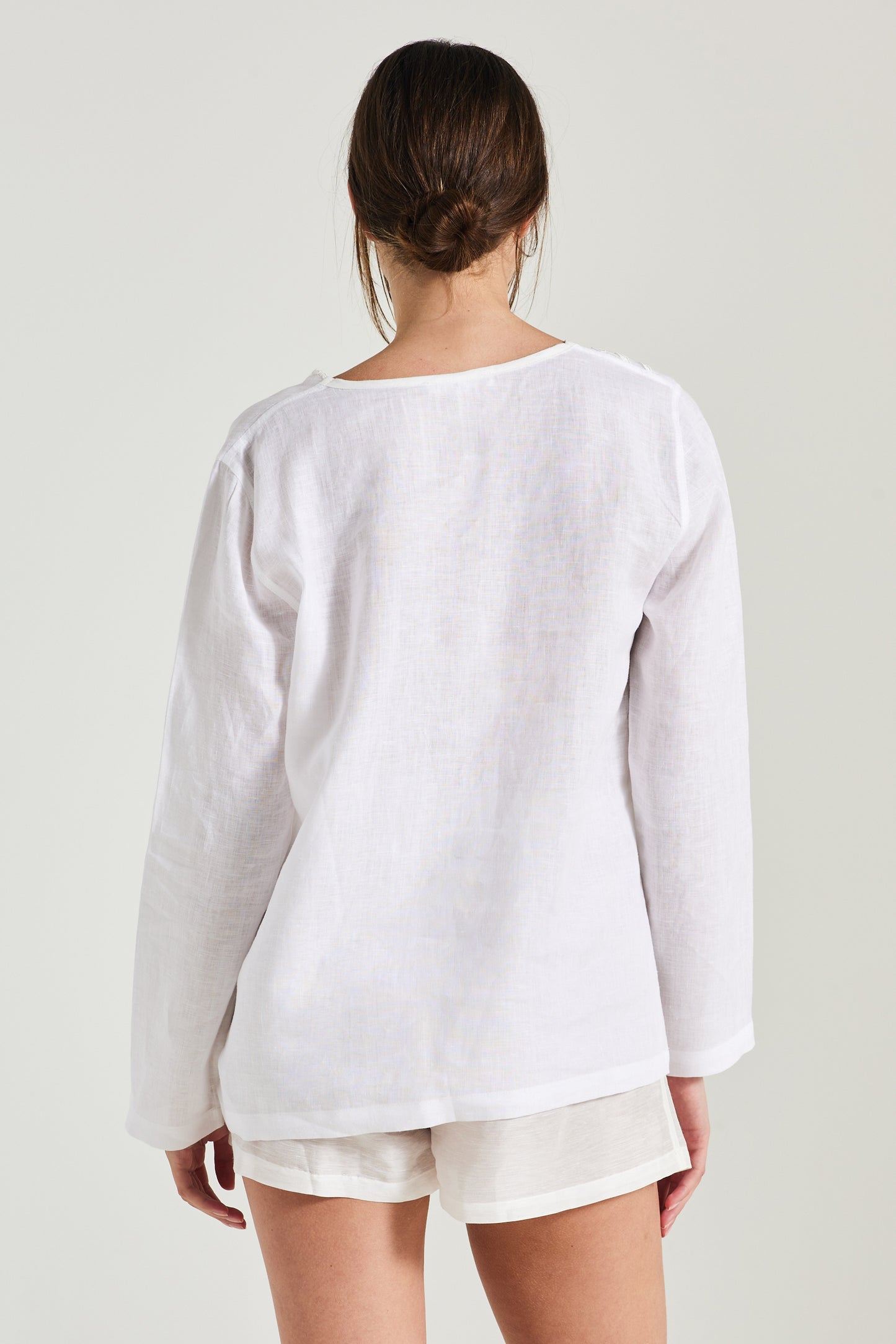 Long Sleeve Linen Blouse With Neck Lace Details