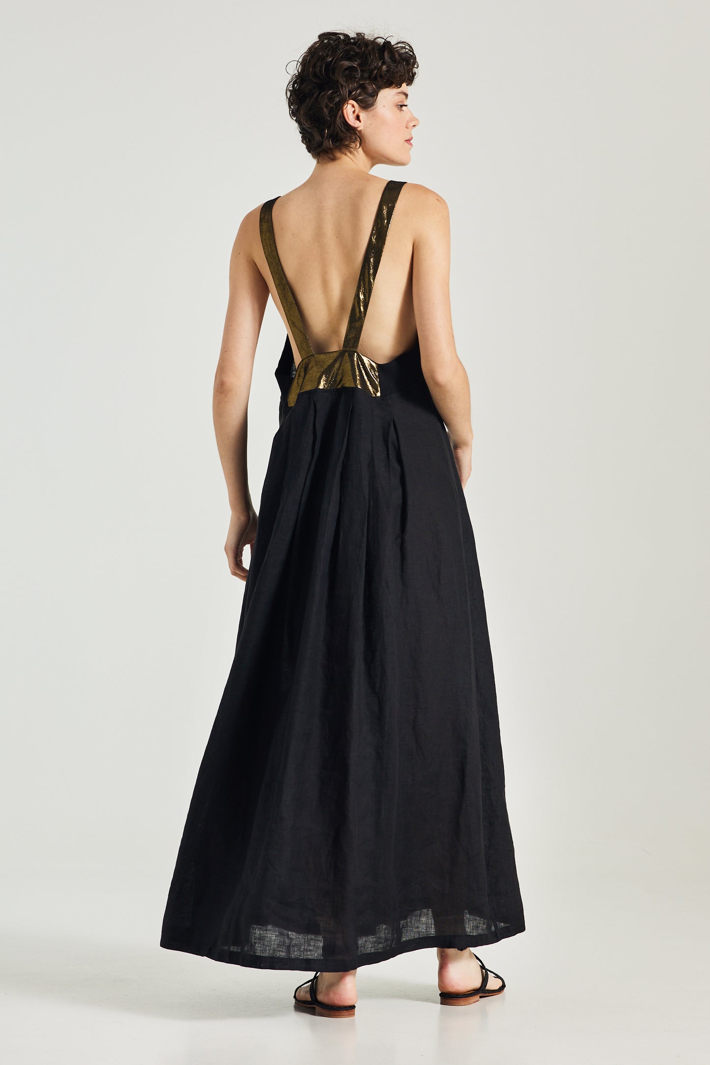 Long Linen Dress With Leather Back Details