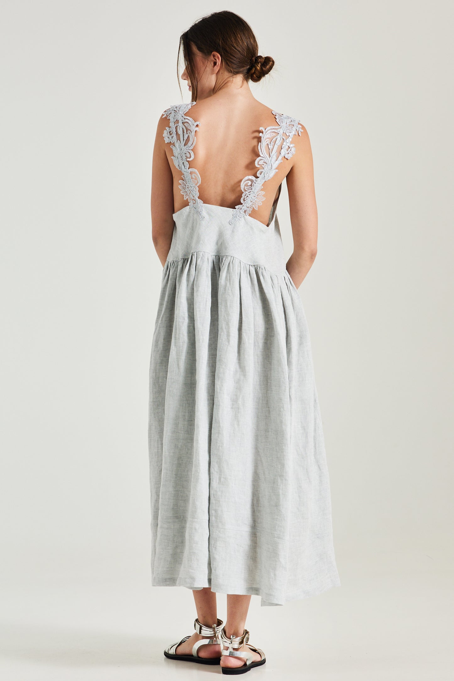 Linen Dress With Lace Strap And Waist Details