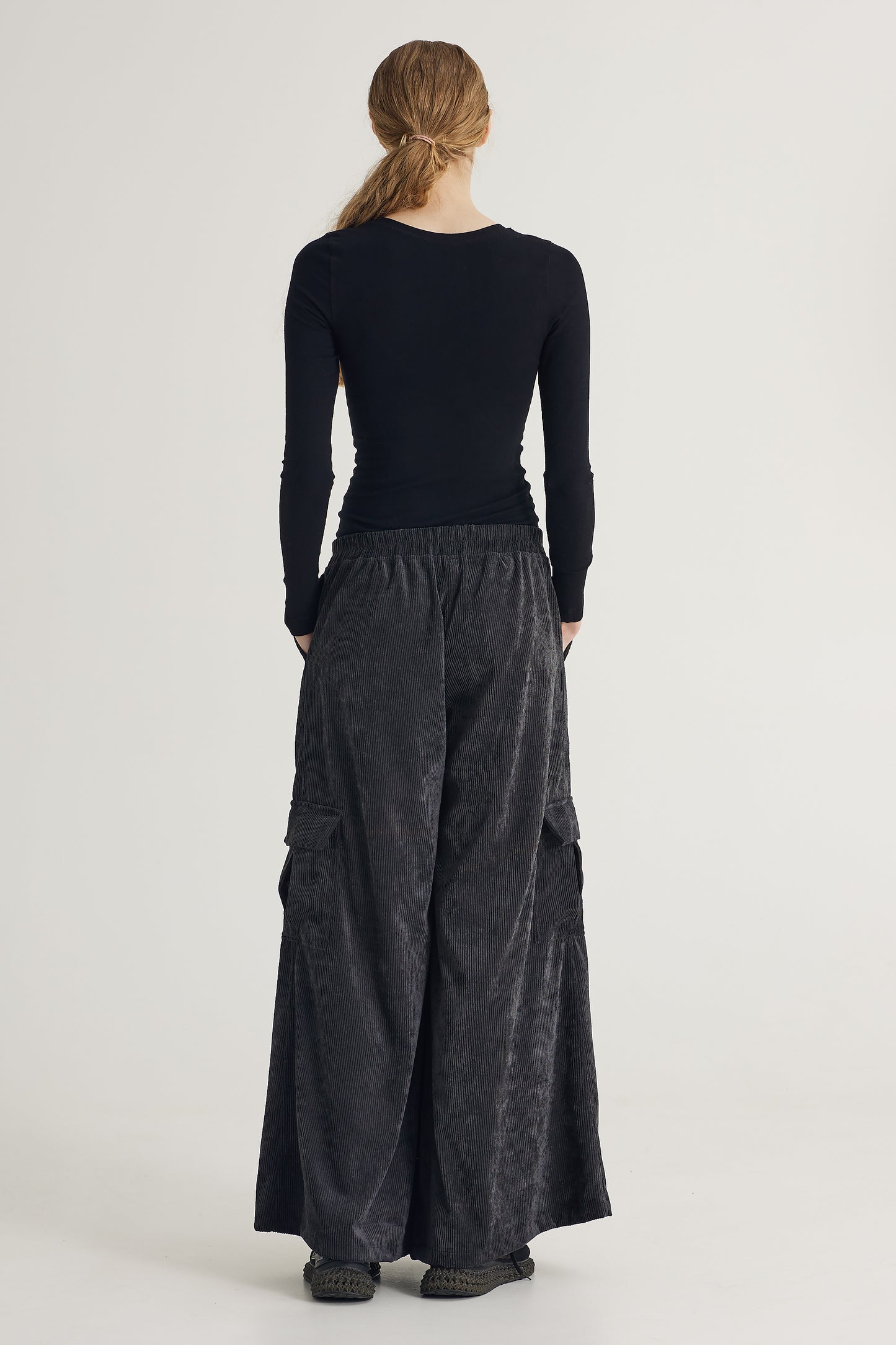Corduroy Wide Pants With Elastic Waistband And Side Pockets