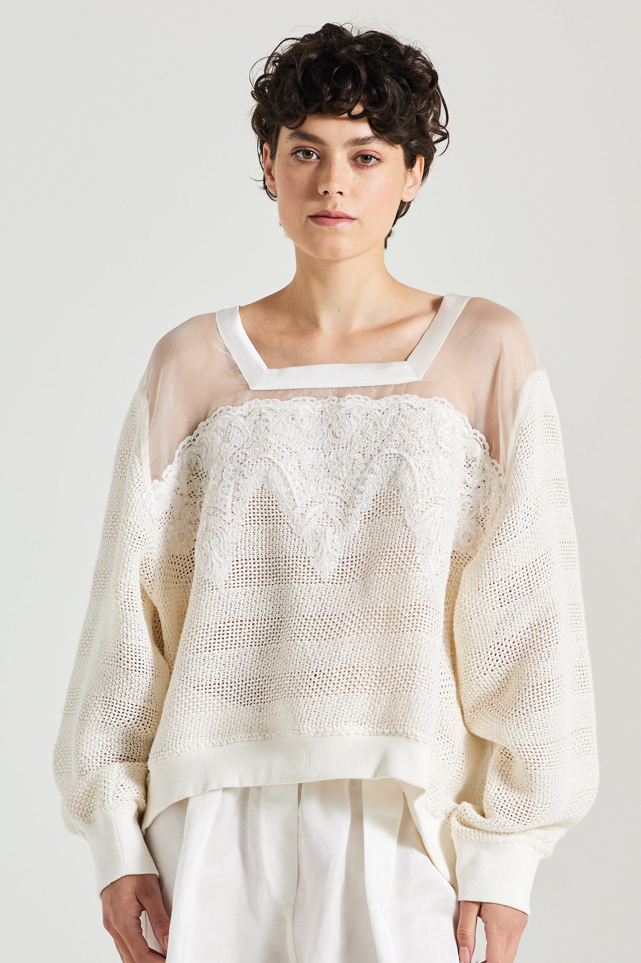 Linen Sweater With Silk And Lace Top Transparency