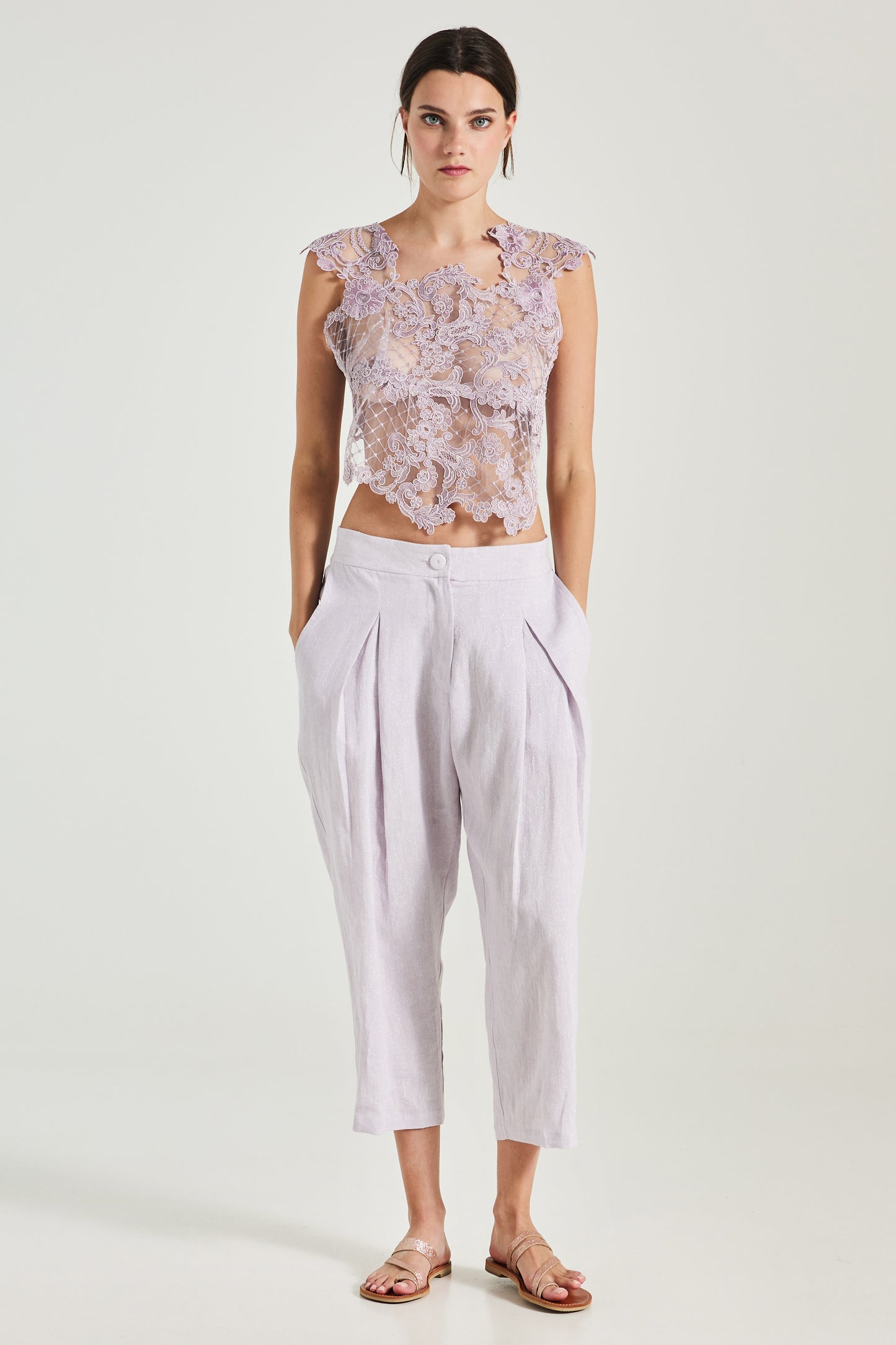 Linen Trousers With Elastic Waistband And Shiny Finishing