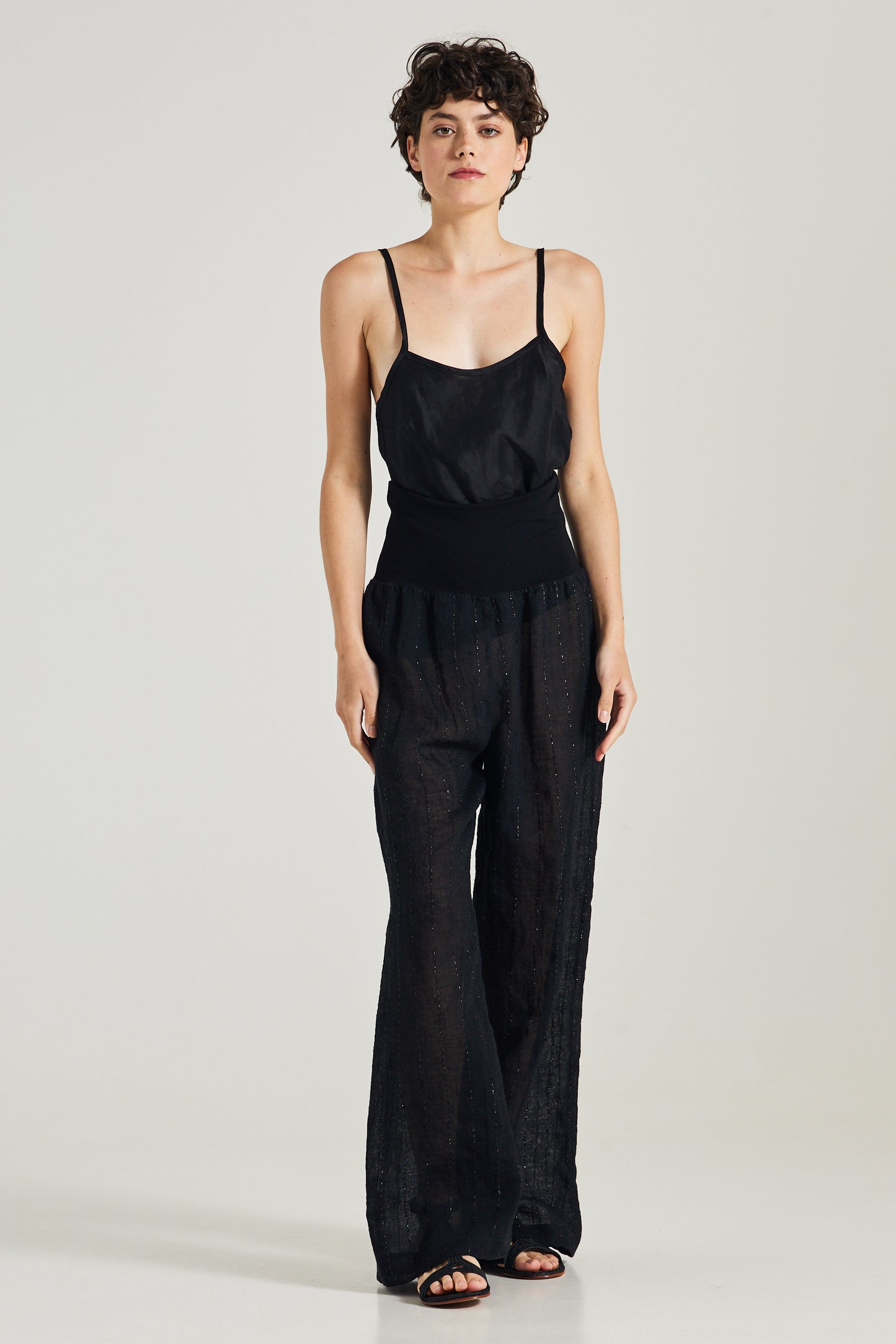 Linen Trousers With Adjustable Waistband And Shinny Details