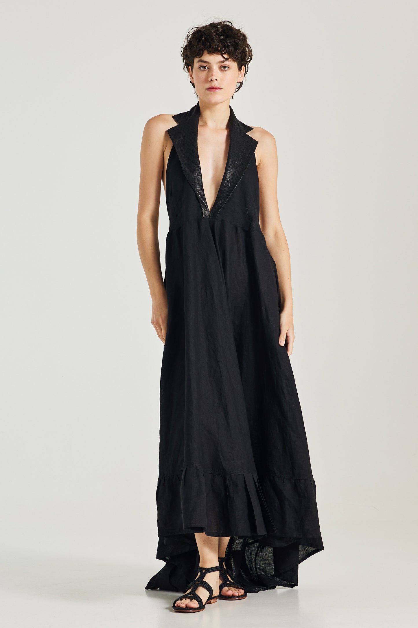 Linen Dress With Lapel Leather Collar And Open Back