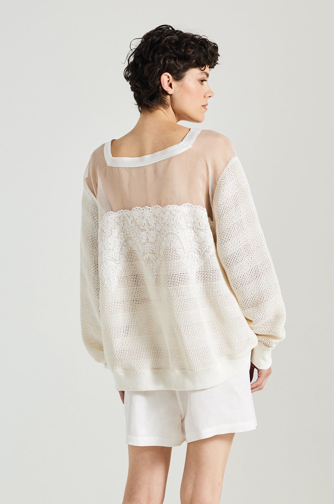 Linen Sweater With Silk And Lace Top Transparency