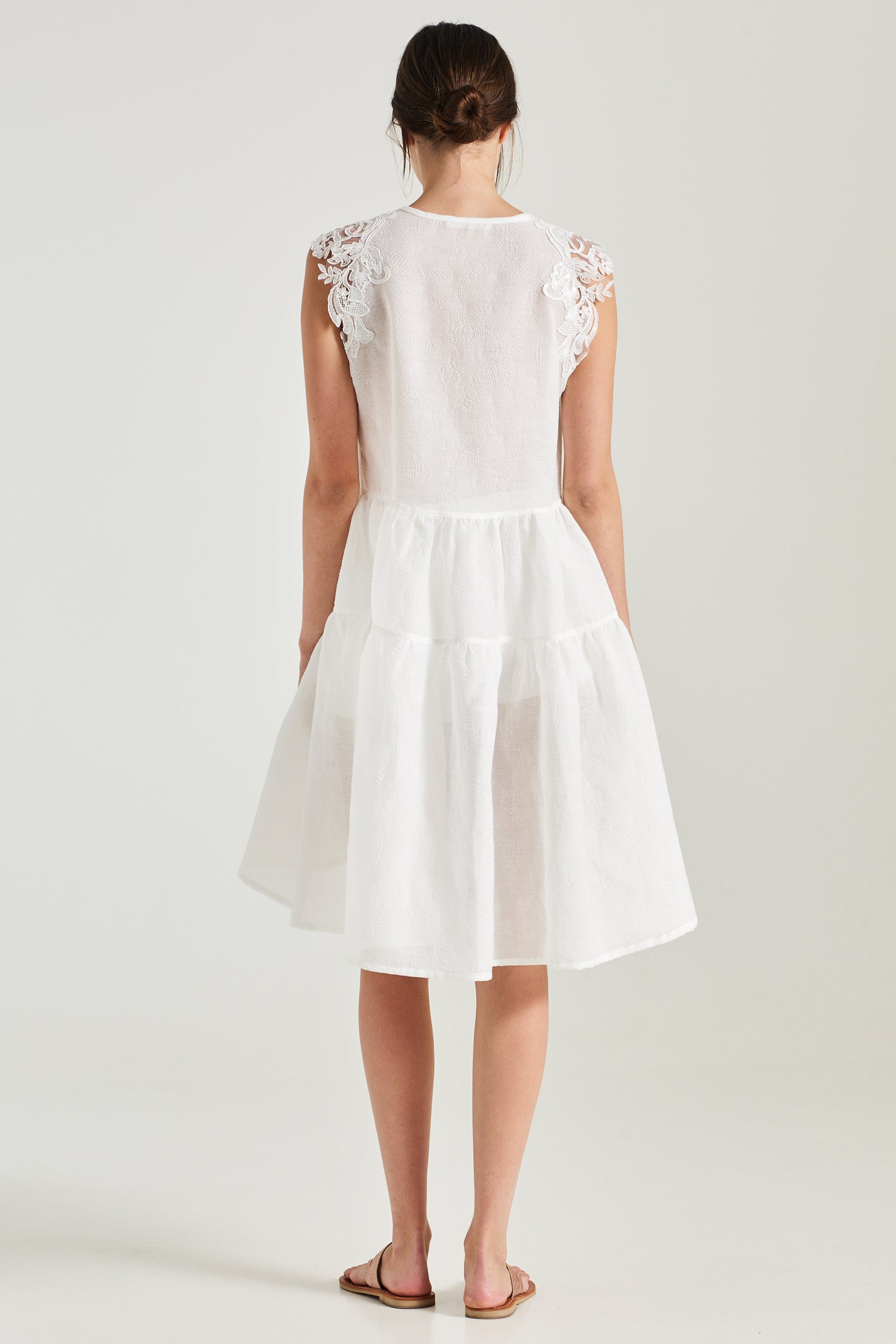 Cotton Dress With Sleeve Lace Details And Front Buttons