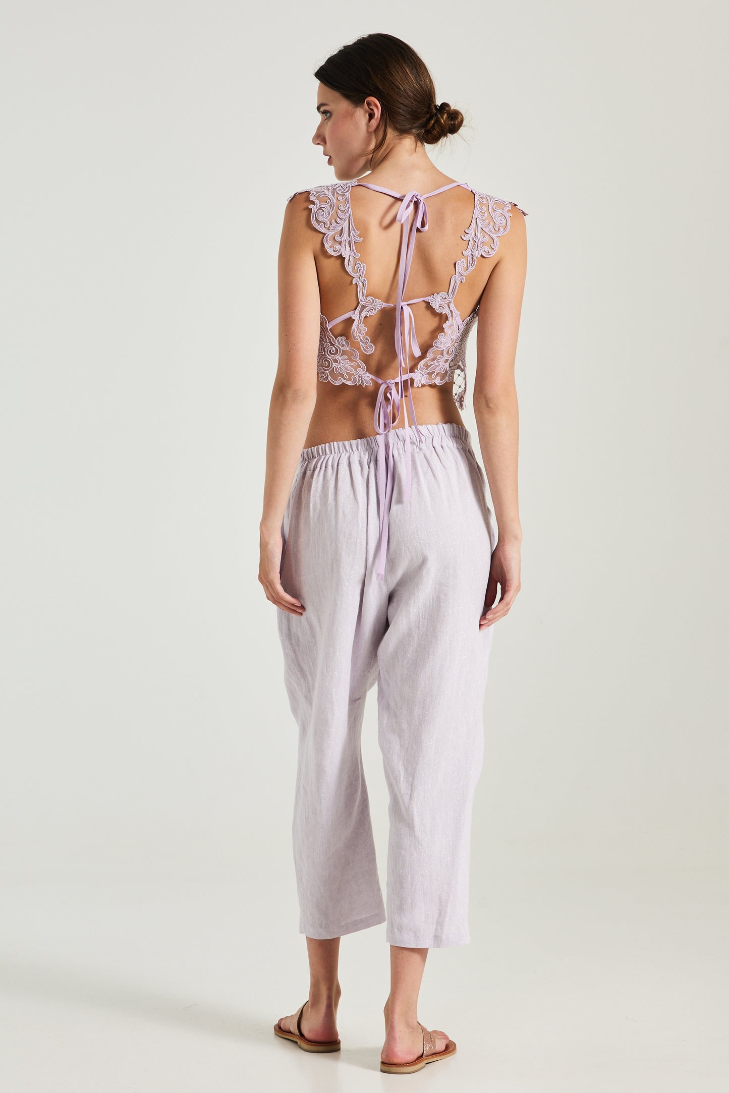 Linen Trousers With Elastic Waistband And Shiny Finishing