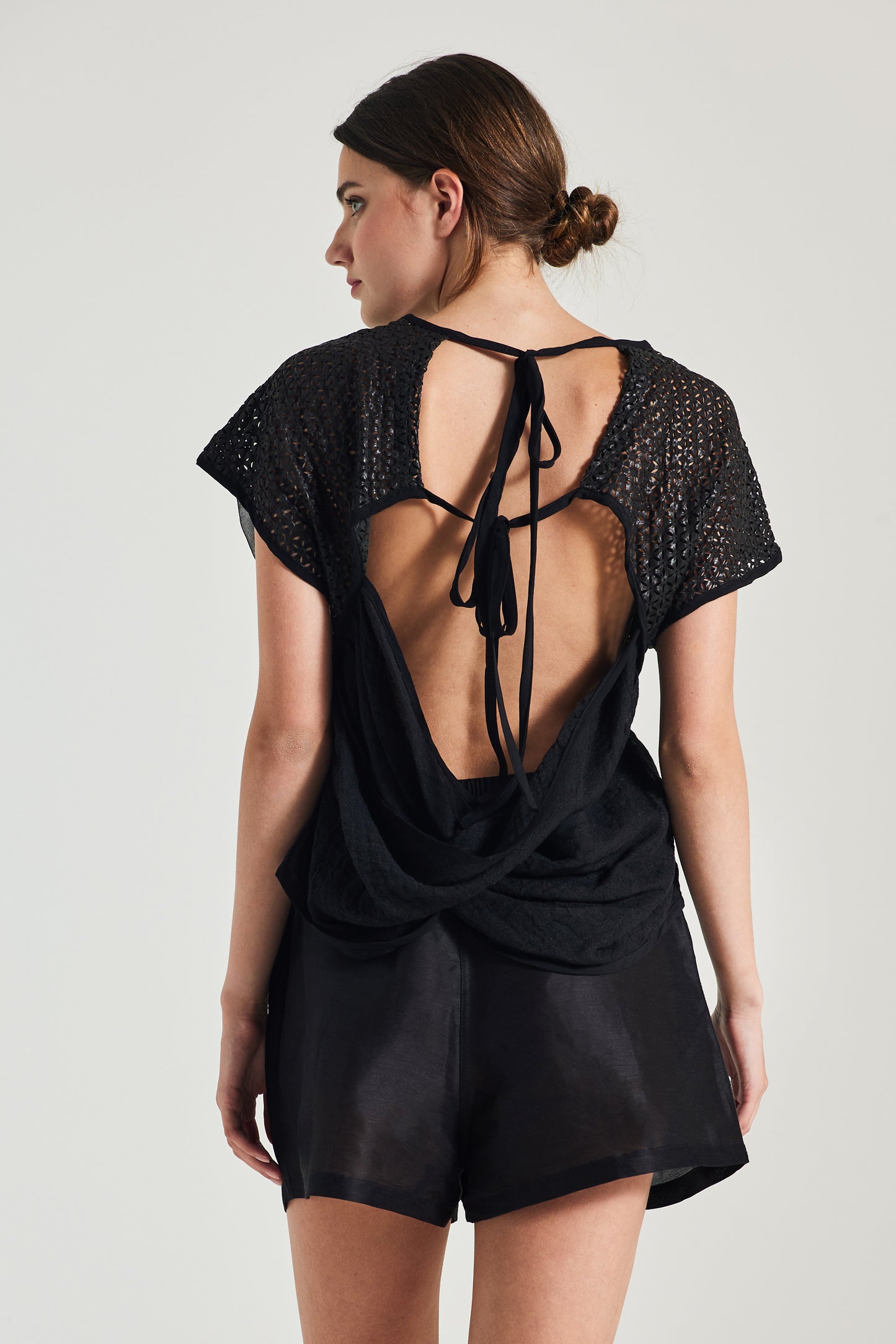 Leather And Linen Blouse With Open Back Ribbons