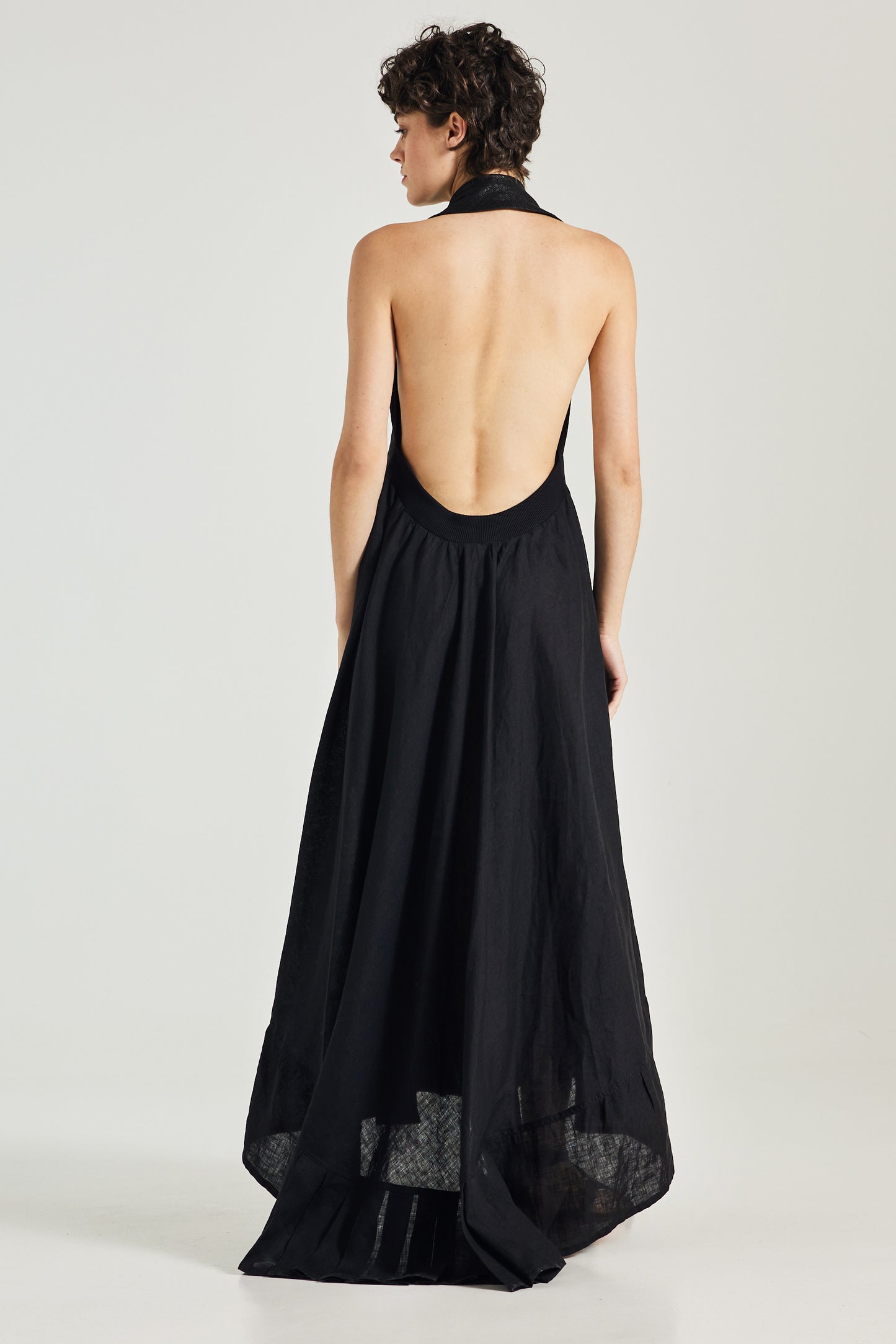 Linen Dress With Lapel Leather Collar And Open Back