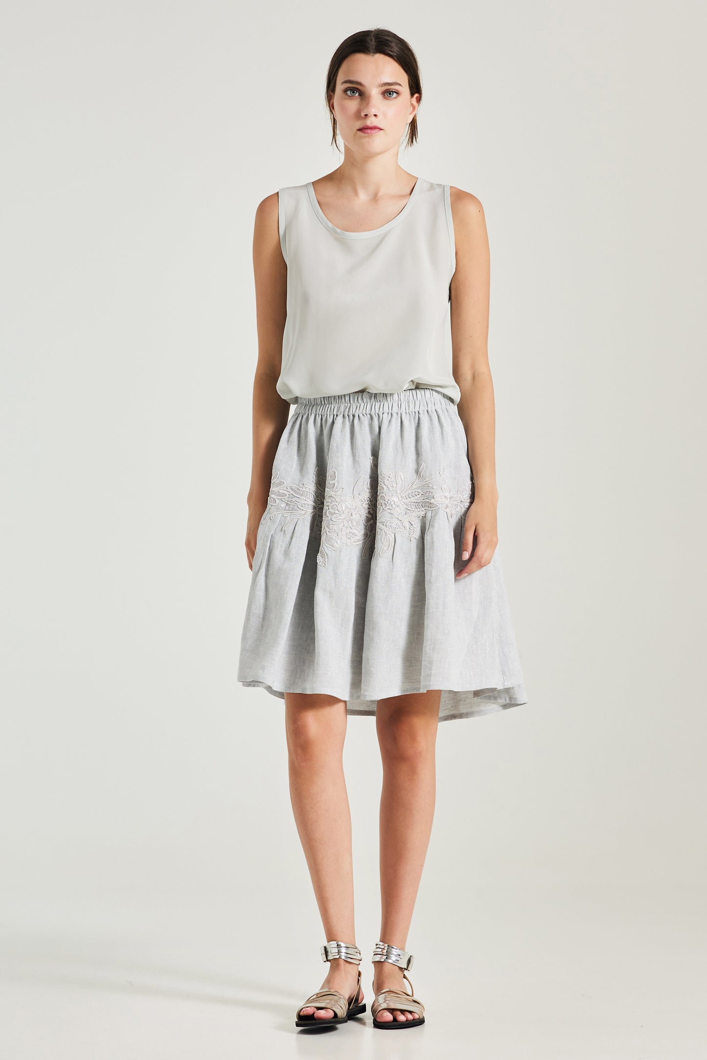 Linen Skirt With Lace Hip Details And Elastic Waistband