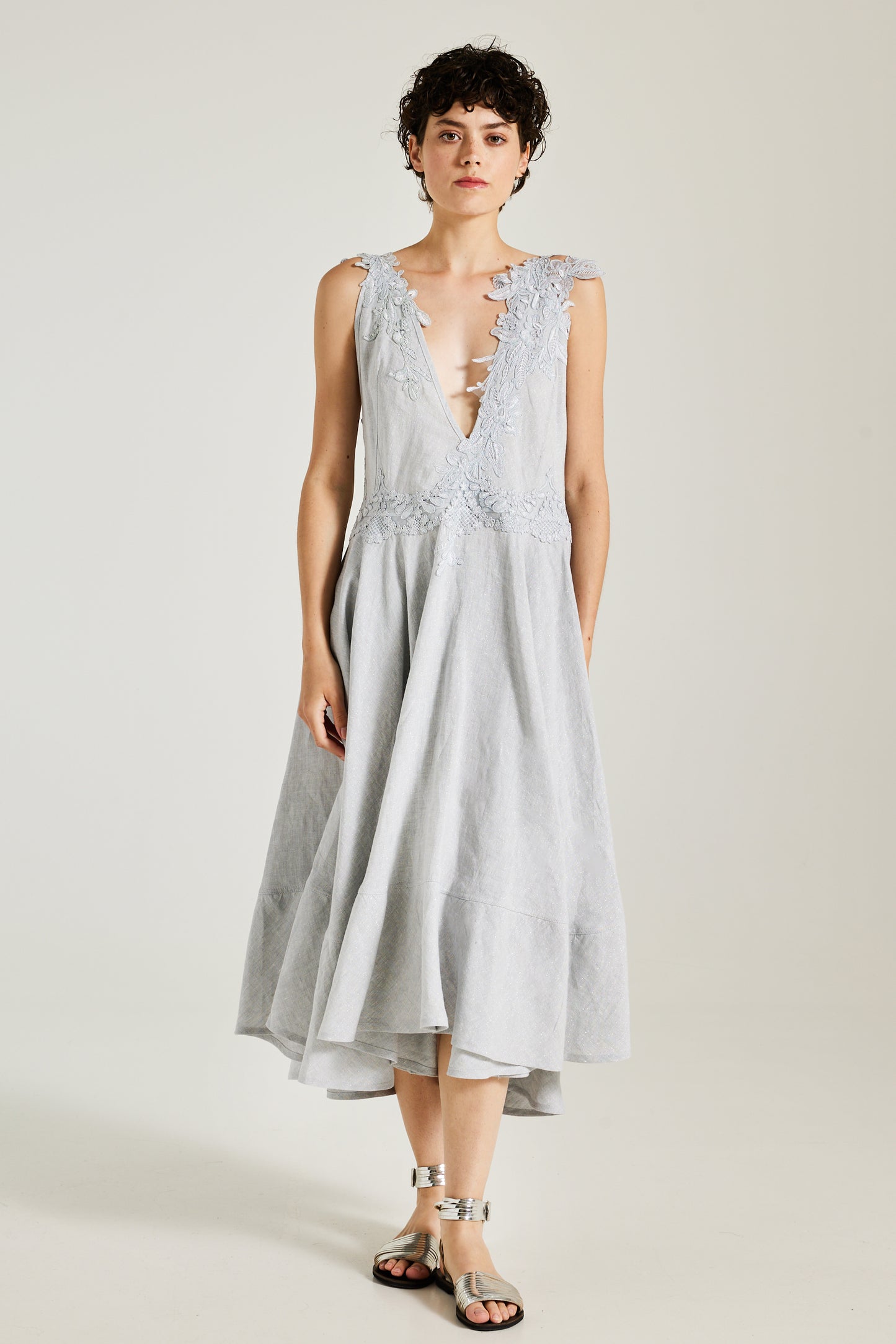 Linen Dress With Open Back And Lace Straps