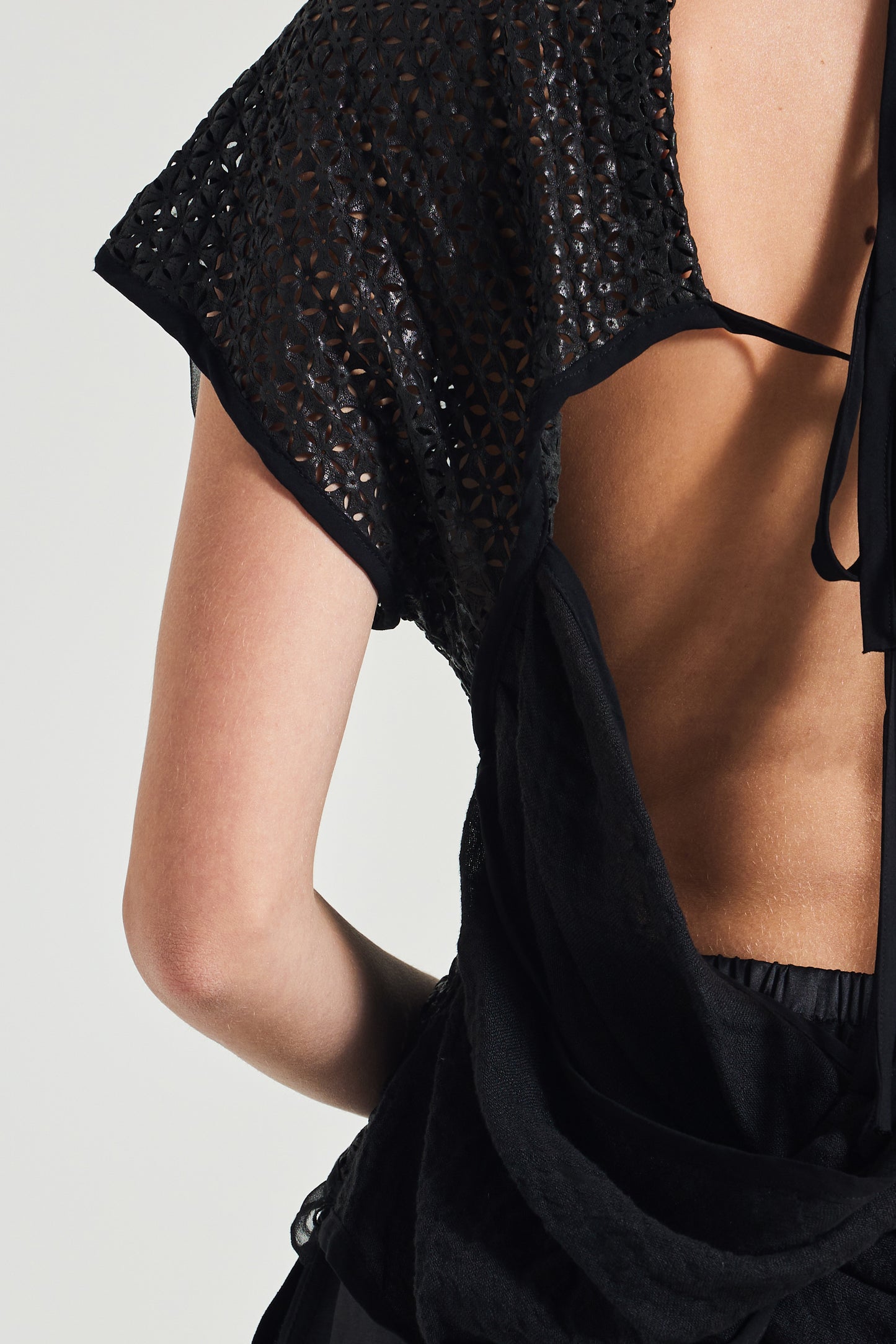 Leather And Linen Blouse With Open Back Ribbons