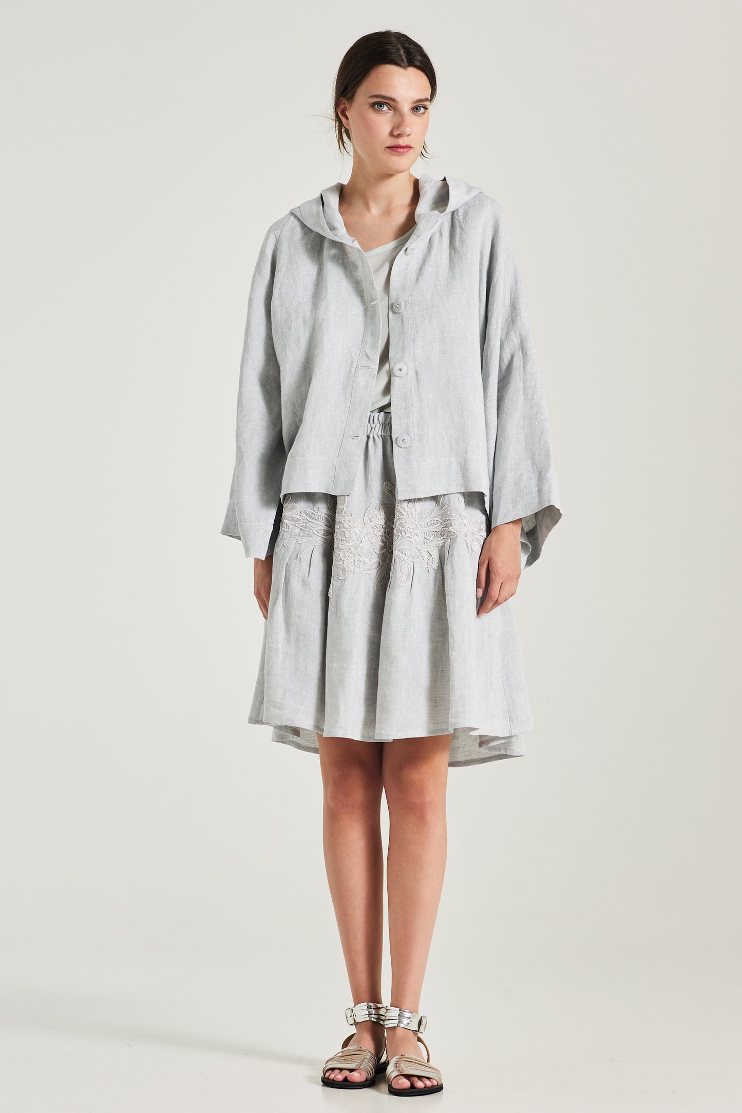 Linen Jacket With Hood And Front Buttons