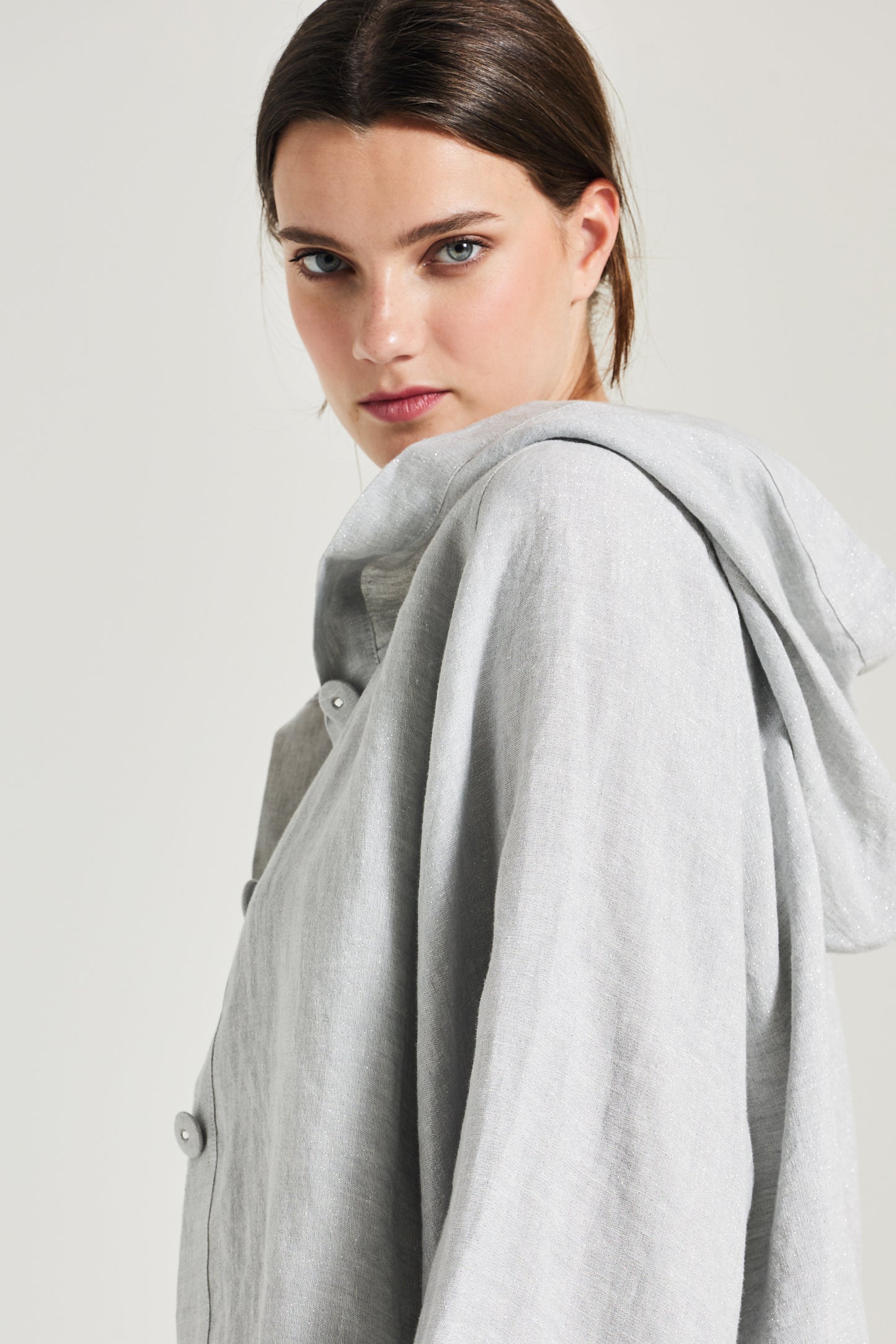 Linen Jacket With Hood And Front Buttons